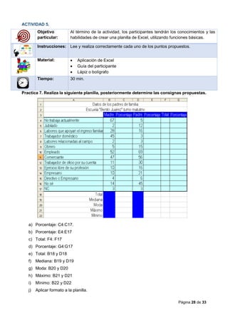 Página 28 de 33
ACTIVIDAD 5.
Objetivo
particular:
Al término de la actividad, los participantes tendrán los conocimientos y las
habilidades de crear una planilla de Excel, utilizando funciones básicas.
Instrucciones: Lee y realiza correctamente cada uno de los puntos propuestos.
Material:  Aplicación de Excel
 Guía del participante
 Lápiz o bolígrafo
Tiempo: 30 min.
Practica 7. Realiza la siguiente planilla, posteriormente determine las consignas propuestas.
a) Porcentaje: C4:C17.
b) Porcentaje: E4:E17
c) Total: F4: F17
d) Porcentaje: G4:G17
e) Total: B18 y D18
f) Mediana: B19 y D19
g) Moda: B20 y D20
h) Máximo: B21 y D21
i) Mínimo: B22 y D22
j) Aplicar formato a la planilla.
 