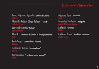 Exposiciones Permanentes

Pedro Alejandro Agudelo              “Sinfonía de Colores”   Alejandro Rojas      “Ilustración”
La Tasca                                                     Central
Alejandro Rojas y Diego Gallego                   “Cara B”   Fotógrafos Sevillanos          “Fotografía”
La Ilustre Víctima                                           Alameda 84 / Ilustre Víctima
Los Cuadrocientos “Pintura”                                  Estefanie    “Cerámica”
Café Bar de Arte                                             El Taller

Aline P     “Sentimiento de Otredad en el Cuerpo Femenino”   Jim Doble Poder       “Instalación Audiovisual”
Piola                                                        Café Bar de Arte

Rocio Troya        “La naturaleza y el retrato”
Taibísimo

Guillaume Buteau           “Carnet de Route”
Cafería

Martín Aleñar        “...y ¿Vienes mucho por aquí?”
Utopía



                                                                                                               9
 