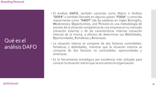 @alfredovela
Branding Personal
Qué es el
análisis DAFO
 El Análisis DAFO, también conocido como Matriz ó Análisis
"DOFA" ...