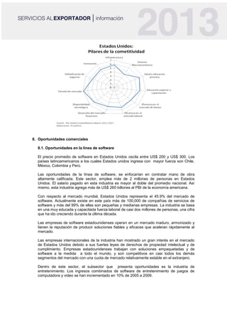 8. Oportunidades comerciales
8.1. Oportunidades en la línea de software
El precio promedio de software en Estados Unidos oscila entre US$ 200 y US$ 300. Los
países latinoamericanos a los cuales Estados unidos ingresa con mayor fuerza son Chile,
México, Colombia y Perú.
Las oportunidades de la línea de software, se enfocarían en contratar mano de obra
altamente calificada. Este sector, emplea más de 2 millones de personas en Estados
Unidos. El salario pagado en esta industria es mayor al doble del promedio nacional. Así
mismo, esta industria agrega más de US$ 260 billones al PBI de la economía americana.
Con respecto al mercado mundial, Estados Unidos representa el 45.9% del mercado de
software. Actualmente existe en este país más de 100,000 de compañías de servicios de
software y más del 99% de ellas son pequeñas y medianas empresas. La industria se basa
en una muy educada y capacitada fuerza laboral de casi dos millones de personas, una cifra
que ha ido creciendo durante la última década.
Las empresas de software estadounidenses operan en un mercado maduro, armonizado y
tienen la reputación de producir soluciones fiables y eficaces que aceleran rápidamente al
mercado.
Las empresas internacionales de la industria han mostrado un gran interés en el mercado
de Estados Unidos debido a sus fuertes leyes de derechos de propiedad intelectual y de
cumplimiento. Empresas estadounidenses trabajan con soluciones empaquetadas y de
software a la medida a todo el mundo, y son competitivos en casi todos los demás
segmentos del mercado con una cuota de mercado relativamente estable en el extranjero.
Dentro de este sector, el subsector que presenta oportunidades es la industria de
entretenimiento. Los ingresos combinados de software de entretenimiento de juegos de
computadora y video se han incrementado en 10% de 2005 a 2009.
 