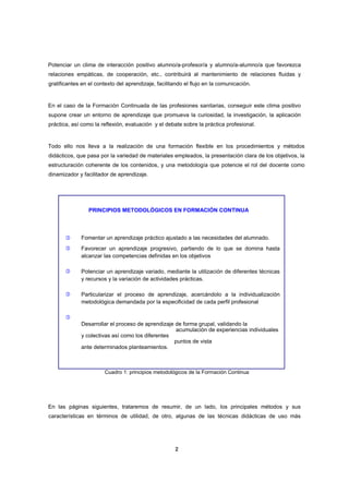 Potenciar un clima de interacción positivo alumno/a-profesor/a y alumno/a-alumno/a que favorezca
relaciones empáticas, de cooperación, etc., contribuirá al mantenimiento de relaciones fluidas y
gratificantes en el contexto del aprendizaje, facilitando el flujo en la comunicación.

En el caso de la Formación Continuada de las profesiones sanitarias, conseguir este clima positivo
supone crear un entorno de aprendizaje que promueva la curiosidad, la investigación, la aplicación
práctica, así como la reflexión, evaluación y el debate sobre la práctica profesional.

Todo ello nos lleva a la realización de una formación flexible en los procedimientos y métodos
didácticos, que pasa por la variedad de materiales empleados, la presentación clara de los objetivos, la
estructuración coherente de los contenidos, y una metodología que potencie el rol del docente como
dinamizador y facilitador de aprendizaje.

PRINCIPIOS METODOLÓGICOS EN FORMACIÓN CONTINUA



Fomentar un aprendizaje práctico ajustado a las necesidades del alumnado.



Favorecer un aprendizaje progresivo, partiendo de lo que se domina hasta
alcanzar las competencias definidas en los objetivos



Potenciar un aprendizaje variado, mediante la utilización de diferentes técnicas
y recursos y la variación de actividades prácticas.



Particularizar el proceso de aprendizaje, acercándolo a la individualización
metodológica demandada por la especificidad de cada perfil profesional


Desarrollar el proceso de aprendizaje de forma grupal, validando la
acumulación de experiencias individuales
y colectivas así como los diferentes
puntos de vista
ante determinados planteamientos.

Cuadro 1: principios metodológicos de la Formación Continua

En las páginas siguientes, trataremos de resumir, de un lado, los principales métodos y sus
características en términos de utilidad, de otro, algunas de las técnicas didácticas de uso más

2

 