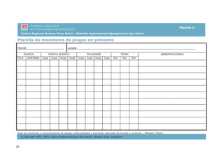 22
3
Planilla de monitoreo de plagas en pimiento
FECHA_______________________ LUGAR________________________________________________________________________
PLANTA MOSCA BLANCA PULGONES TRIPS
FILA VENTANA hoja hoja hoja hoja hoja hoja hoja hoja flor flor flor
OBSERVACIONES
Guía de monitoreo y reconocimiento de plagas, enfermedades y enemigos naturales de tomate y pimiento – Mitidieri, Polack.
© Copyright 2005. INTA. Centro Regional Buenos Aires Norte, Buenos Aires, Argentina
Instituto Nacional
de Tecnología Agropecuaria
Planilla 0
 