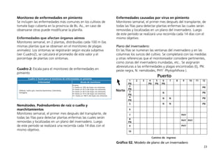 23
Monitoreo de enfermedades en pimiento
Se incluyen las enfermedades más comunes en los cultivos de
tomate bajo cubierta en la provincia de Bs. As., en caso de
observarse otras puede modificarse la planilla.
Enfermedades que afectan órganos aéreos
Monitoreo semanal, en 2 plantas, distribuidas cada 100 m (las
mismas plantas que se observan en el monitoreo de plagas
animales). Los síntomas se registrarán según escala subjetiva
(ver Cuadro2), se calculará el promedio de este valor y el
porcentaje de plantas con síntomas.
Nemátodes. Podredumbres de raíz o cuello y
marchitamientos
Monitoreo semanal, el primer mes después del transplante, de
todas las filas para detectar plantas enfermas las cuales serán
removidas y localizadas en un plano del invernadero. Luego
de este período se realizará una recorrida cada 14 días con el
mismo objetivo.
Cuadro 2: Escala para el monitoreo de enfermedades en
pimiento
Enfermedades causadas por virus en pimiento
Monitoreo semanal, el primer mes después del transplante, de
todas las filas para detectar plantas enfermas las cuales serán
removidas y localizadas en un plano del invernadero. Luego
de este período se realizará una recorrida cada 14 días con el
mismo objetivo.
 
Plano del invernadero:
En las filas se numeran las ventanas del invernadero y en las
columnas los surcos del cultivo. Se completará con las medidas
y otras referencias que el monitoreador considere pertinentes,
como zonas del invernadero inundadas, etc.. Se asignarán
abreviaturas a las enfermedades y plagas encontradas (Ej. PN:
peste negra, N: nemátodes, PHY: Phytophthora ).
Gráfico 02. Modelo de plano de un invernadero
Cuadro 2: Escala para el monitoreo de enfermedades en pimiento
Enfermedad Escala de monitoreo
Oidiosis, moho gris, mancha bacteriana, Sclerotinia,
fumagina
0=sana,
1= hasta un 10% de hojas con síntomas,
2= hasta un 25 % de hojas con síntomas,
3= hasta un 50 % de hojas con síntomas,
4= hasta un 75 % de hojas con síntomas,
5= hasta un 100 % de hojas con síntomas
 