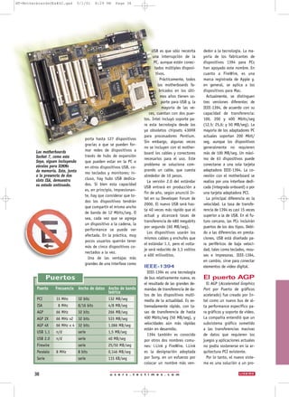 porta hasta 127 dispositivos
gracias a que se pueden for-
mar redes de dispositivos a
través de hubs de expansión
que pueden estar en la PC o
en otros dispositivos USB, co-
mo teclados y monitores; in-
cluso, hay hubs USB dedica-
dos. Si bien esta capacidad
es, en principio, impresionan-
te, hay que considerar que to-
dos los dispositivos tendrán
que compartir el mismo ancho
de banda de 12 Mbits/seg. O
sea, cada vez que se agrega
un dispositivo a la cadena, la
performance se puede ver
afectada. En la práctica, muy
pocos usuarios querrán tener
más de cinco dispositivos co-
nectados a la vez.
Una de las ventajas más
grandes de una interfase como
USB es que sólo necesita
una interrupción de la
PC, aunque estén conec-
tados múltiples disposi-
tivos.
Prácticamente, todos
los motherboards fa-
bricados en los últi-
mos años tienen so-
porte para USB y, la
mayoría de las ve-
ces, cuentan con dos puer-
tos. Intel incluyó soporte pa-
ra esta tecnología desde los
ya obsoletos chipsets 430HX
para procesadores Pentium.
Sin embargo, algunas veces
no se incluyen con el mother-
board los cables y conectores
necesarios para el uso. Este
problema se soluciona com-
prando un cable, que cuesta
alrededor de 10 pesos.
La versión 2.0 del estándar
USB entrará en producción a
fin de año, según anunció In-
tel en su Developer Forum de
2000. El nuevo USB será has-
ta 40 veces más rápido que el
actual y alcanzará tasas de
transferencia de 480 megabits
por segundo (60 MB/seg).
Los dispositivos usarán los
mismos cables y enchufes que
el estándar 1.1, pero el volta-
je será reducido de 3,3 voltios
a 400 milivoltios.
IEEE-1394
IEEE-1394 es una tecnología
de bus relativamente nueva, es
el resultado de las grandes de-
mandas de transferencia de da-
tos de los dispositivos multi-
media de la actualidad. Es ex-
tremadamente rápido, con ta-
sas de transferencia de hasta
400 Mbits/seg (50 MB/seg), y
velocidades aún más rápidas
están en desarrollo.
1394 también es conocido
por otros dos nombres comu-
nes: i.Link y FireWire. i.Link
es la designación adoptada
por Sony, en un esfuerzo por
colocar un nombre más ven-
dedor a la tecnología. La ma-
yoría de los fabricantes de
dispositivos 1394 para PCs
han apoyado este nombre. En
cuanto a FireWire, es una
marca registrada de Apple y,
en general, se aplica a los
dispositivos para Mac.
Actualmente, se distinguen
tres versiones diferentes de
IEEE-1394, de acuerdo con su
capacidad de transferencia:
100, 200 y 400 Mbits/seg
(12,5; 25,6; y 50 MB/seg). La
mayoría de los adaptadores PC
actuales soportan 200 Mbit/
seg, aunque los dispositivos
generalmente no requieren
más de 100 MB/seg. Un máxi-
mo de 63 dispositivos puede
conectarse a una sola tarjeta
adaptadora IEEE-1394. La co-
nexión con el motherboard se
realiza por una interfase dedi-
cada (integrada onboard) o por
una tarjeta adaptadora PCI.
La principal diferencia es la
velocidad. La tasa de transfe-
rencia de 1394 es casi 15 veces
superior a la de USB. En el fu-
turo cercano, las PCs incluirán
puertos de los dos tipos. Debi-
do a las diferencias en presta-
ciones, USB está diseñado pa-
ra periféricos de baja veloci-
dad, tales como teclados, mou-
ses e impresoras. IEEE-1394,
en cambio, sirve para conectar
elementos de video digital.
El puerto AGP
El AGP (Accelerated Graphics
Port por Puerto de gráficos
acelerado) fue creado por In-
tel como un nuevo bus de al-
ta performance específico pa-
ra gráficos y soporte de video.
La compañía entendió que un
subsistema gráfico sometido
a las transferencias masivas
de datos que requieren los
juegos y aplicaciones actuales
no podía sostenerse en la ar-
quitectura PCI existente.
Por lo tanto, el nuevo siste-
ma es una solución a un pro-
Puertos
Los motherboards
Socket 7, como este
Soyo, siguen incluyendo
zócalos para SIMMs
de memoria. Esto, junto
a la presencia de dos
slots ISA, demuestra
su estado anticuado.
Puerto Frecuencia Ancho de datos Ancho de banda
teórico
PCI 33 MHz 32 bits 132 MB/seg
ISA 8 MHz 8/16 bits 4/8 MB/seg
AGP 66 MHz 32 bits 266 MB/seg
AGP 2X 66 MHz x2 32 bits 533 MB/seg
AGP 4X 66 MHz x 4 32 bits 1.066 MB/seg
USB 1.1 n/d serie 1,5 MB/seg
USB 2.0 n/d serie 40 MB/seg
Firewire serie 25/50 MB/seg
Paralelo 8 MHz 8 bits 0,146 MB/seg
Serie serie 115 KB/seg
u s e r s . t e c t i m e s . c o m38
NT-MotherboardsUEx#42.qxd 5/1/01 8:29 PM Page 38
 
