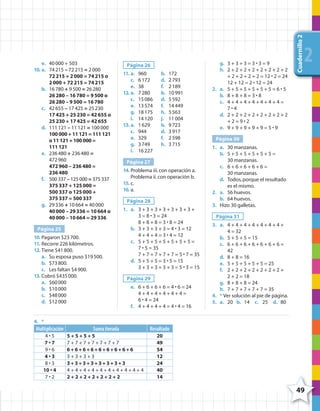 49
Cuadernillo2
2222e. 40000 + 503
10. a. 74215 – 72215 = 2000
72215 + 2000 = 74215 o
2000 + 72215 = 74215
b. 16780 + 9500 = 26280
26280 – 16780 = 9500 o
26280 – 9500 = 16780
c. 42655 – 17425 = 25230
17425 + 25230 = 42655 o
25230 + 17425 = 42655
d. 111121 – 11121 = 100000
100000 + 11121 = 111121
o 11121 + 100000 =
111121
e. 236480 + 236480 =
472960
472960 – 236480 =
236480
f. 500337 – 125000 = 375337
375337 + 125000 =
500337 o 125000 +
375337 = 500337
g. 29336 + 10664 = 40000
40000 – 29336 = 10664 o
40000 – 10664 = 29336
Página 25
10. Pagaron $23700.
11. Recorre 226 kilómetros.
12. Tiene $41800.
a. Su esposa puso $19500.
b. $73800.
c. Les faltan $4900.
13. Cobró $435000.
a. $60000
b. $10000
c. $48000
d. $12000
Página 26
11. a. 960 b. 172
c. 6172 d. 2793
e. 38 f. 2189
12. a. 7280 b. 10991
c. 15086 d. 5592
e. 13574 f. 14449
g. 18175 h. 5563
i. 14120 j. 11004
13. a. 1629 b. 9723
c. 944 d. 3917
e. 329 f. 2598
g. 3749 h. 3715
i. 16227
Página 27
14. Problema iii.con operación a.
Problema ii.con operación b.
15. c.
16. a.
Página 28
1. a. 3 + 3 + 3 + 3 + 3 + 3 + 3 +
3 = 8 • 3 = 24
8 + 8 + 8 = 3 • 8 = 24
b. 3 + 3 + 3 + 3 = 4 • 3 = 12
4 + 4 + 4 = 3 • 4 = 12
c. 5 + 5 + 5 + 5 + 5 + 5 + 5 =
7 • 5 = 35
7 + 7 + 7 + 7 + 7 = 5 • 7 = 35
d. 5 + 5 + 5 = 3 • 5 = 15
3 + 3 + 3 + 3 + 3 = 5 • 3 = 15
Página 29
e. 6 + 6 + 6 + 6 = 4 • 6 = 24
4 + 4 + 4 + 4 + 4 + 4 =
6 • 4 = 24
f. 4 + 4 + 4 + 4 = 4 • 4 = 16
g. 3 + 3 + 3 = 3 • 3 = 9
h. 2 + 2 + 2 + 2 + 2 + 2 + 2 + 2
+ 2 + 2 + 2 + 2 = 12 • 2 = 24
12 + 12 = 2 • 12 = 24
2. a. 5 + 5 + 5 + 5 + 5 + 5 = 6 • 5
b. 8 + 8 + 8 = 3 • 8
c. 4 + 4 + 4 + 4 + 4 + 4 + 4 =
7 • 4
d. 2 + 2 + 2 + 2 + 2 + 2 + 2 + 2
+ 2 = 9 • 2
e. 9 + 9 + 9 + 9 + 9 = 5 • 9
Página 30
1. a. 30 manzanas.
b. 5 + 5 + 5 + 5 + 5 + 5 =
30 manzanas.
c. 6 + 6 + 6 + 6 + 6 =
30 manzanas.
d. Todos,porque el resultado
es el mismo.
2. a. 56 huevos.
b. 64 huevos.
3. Hizo 30 galletas.
Página 31
3. a. 4 + 4 + 4 + 4 + 4 + 4 + 4 +
4 = 32
b. 5 + 5 + 5 = 15
c. 6 + 6 + 6 + 6 + 6 + 6 + 6 =
42
d. 8 + 8 = 16
e. 5 + 5 + 5 + 5 + 5 = 25
f. 2 + 2 + 2 + 2 + 2 + 2 + 2 +
2 + 2 = 18
g. 8 + 8 + 8 = 24
h. 7 + 7 + 7 + 7 + 7 = 35
4. * Ver solución al pie de página.
5. a. 20 b. 14 c. 25 d. 80
Multiplicación Suma iterada Resultado
4 • 5 5 + 5 + 5 + 5 20
7 • 7 7 + 7 + 7 + 7 + 7 + 7 + 7 49
9 • 6 6 + 6 + 6 + 6 + 6 + 6 + 6 + 6 + 6 54
4 • 3 3 + 3 + 3 + 3 12
8 • 3 3 + 3 + 3 + 3 + 3 + 3 + 3 + 3 24
10 • 4 4 + 4 + 4 + 4 + 4 + 4 + 4 + 4 + 4 + 4 40
7 • 2 2 + 2 + 2 + 2 + 2 + 2 + 2 14
4. *
4º CUADERNILLO 2.indd 49 29/11/11 09:02:56
 