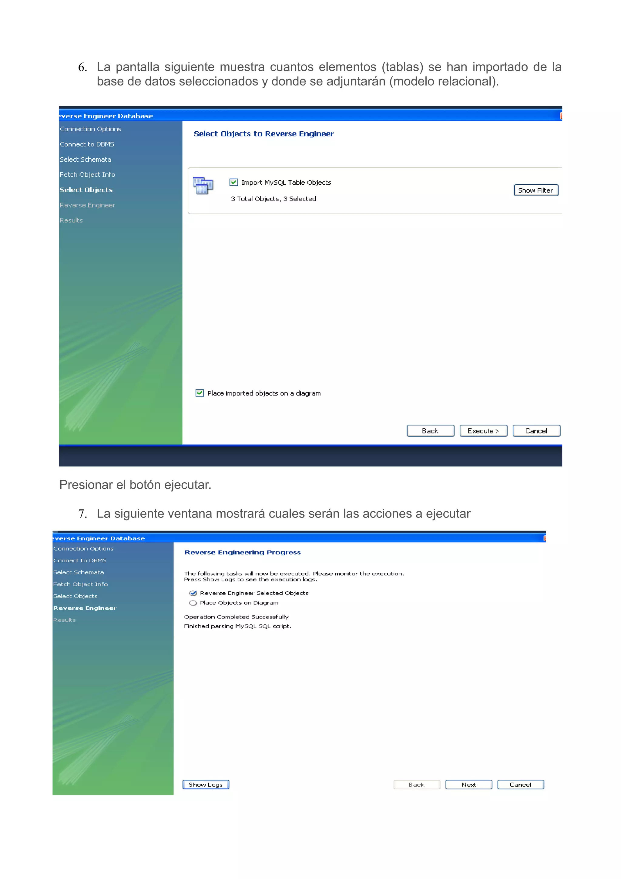 6. La pantalla siguiente muestra cuantos elementos (tablas) se han importado de la
      base de datos seleccionados y donde se adjuntarán (modelo relacional).




   7.




Presionar el botón ejecutar.

   7. La siguiente ventana mostrará cuales serán las acciones a ejecutar
 