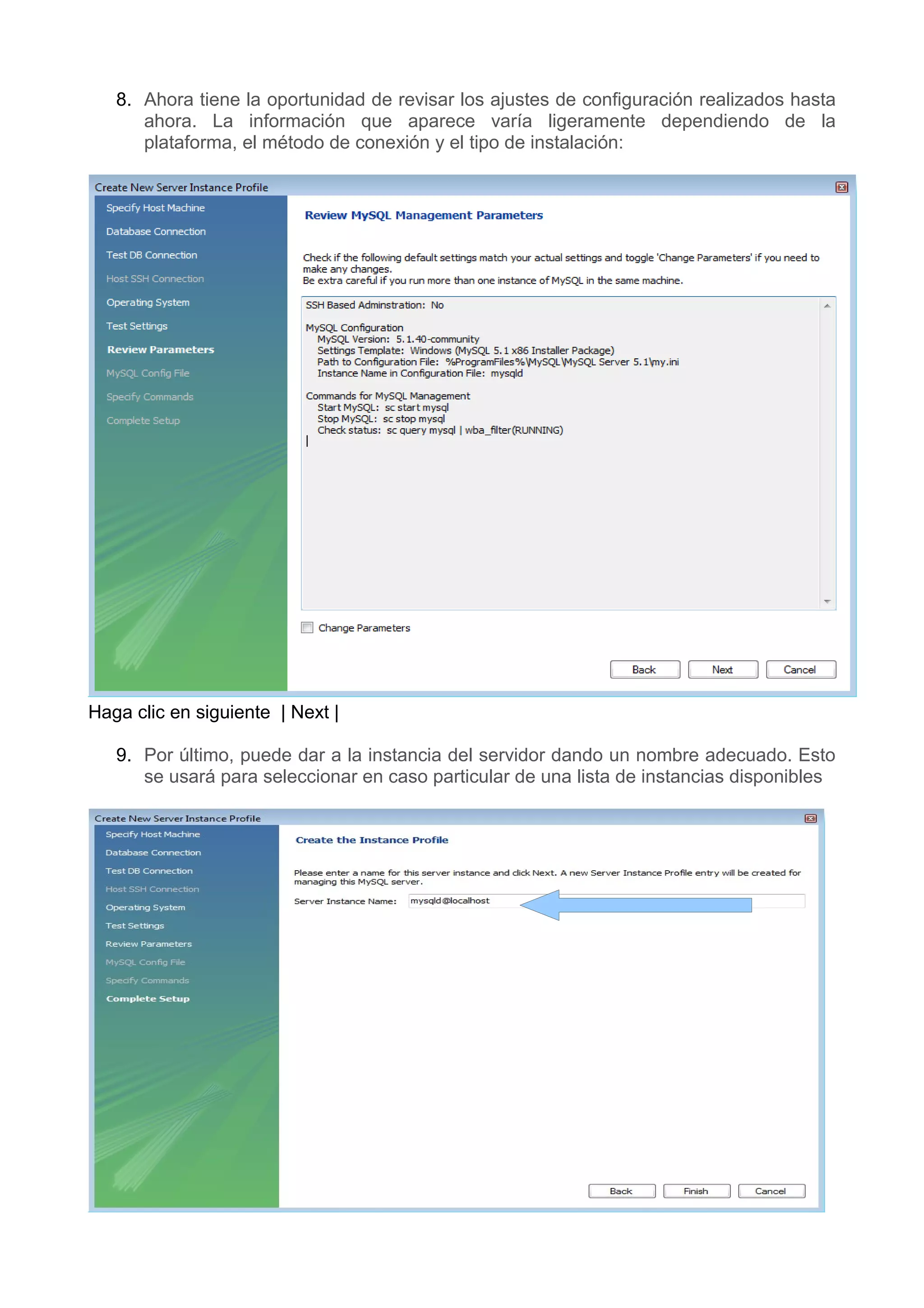 8. Ahora tiene la oportunidad de revisar los ajustes de configuración realizados hasta
      ahora. La información que aparece varía ligeramente dependiendo de la
      plataforma, el método de conexión y el tipo de instalación:




Haga clic en siguiente | Next |

   9. Por último, puede dar a la instancia del servidor dando un nombre adecuado. Esto
      se usará para seleccionar en caso particular de una lista de instancias disponibles
 