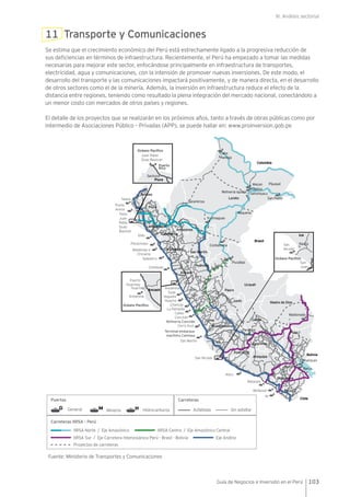 III. Análisis sectorial
103Guía de Negocios e Inversión en el Perú
11 Transporte y Comunicaciones
Se estima que el crecimiento económico del Perú está estrechamente ligado a la progresiva reducción de
sus deficiencias en términos de infraestructura. Recientemente, el Perú ha empezado a tomar las medidas
necesarias para mejorar este sector, enfocándose principalmente en infraestructura de transportes,
electricidad, agua y comunicaciones, con la intensión de promover nuevas inversiones. De este modo, el
desarrollo del transporte y las comunicaciones impactará positivamente, y de manera directa, en el desarrollo
de otros sectores como el de la minería. Además, la inversión en infraestructura reduce el efecto de la
distancia entre regiones, teniendo como resultado la plena integración del mercado nacional, conectándolo a
un menor costo con mercados de otros países y regiones.
El detalle de los proyectos que se realizarán en los próximos años, tanto a través de obras públicas como por
intermedio de Asociaciones Público – Privadas (APP), se puede hallar en: www.proinversion.gob.pe
Fuente: Ministerio de Transportes y Comunicaciones
Carreteras
Asfaltada Sin asfaltar
Puertos
MineríaGeneral Hidrocarburos
Carreteras IIRSA - Perú
Proyectos de carreteras
IIRSA Centro / Eje Amazónico Central
IIRSA Sur / Eje Carretera Interoceánica Perú - Brasil - Bolivia Eje Andino
IIRSA Norte / Eje Amazónico
Ancash
Puerto
Huarmey
Huarmey
Océano Pacíﬁco
Ica
San
Nicolás
San
Juan
Océano Pacíﬁco
Juan Pablo
Quay Bayovar
Piura
Océano Pacíﬁco
Sechura
Puerto
Rico
Nazca
Saramiriza
Requena
Tamshiyacu
Iquitos
Mazan
Cabo
Pantoja
Pijuayal
San Pablo
Reﬁnería Iquitos
Yurimaguas
Contamana
Pucallpa
Maldonado
Cerro Azul
San Martín
Terminal embarque
marítimo Camisea
Reﬁnería Conchán
Conchán
Callao
La Pampilla
Chancay
Supe
Vegueta
Antamina
Chimbote
Salaverry
Pacasmayo
Etén
Talara
Punta
Arena
Juan
Pablo
Quay
Bayovar
Malabrigo o
Chicama
Huacho
Lamariyuni
San Nicolás
Atico
Matarani
Mollendo
Puno
Madre de Dios
Ucayali
Pasco
Huánuco
San Martín
Cajamarca
Amazonas
Lambayeque
Piura
Loreto
Tumbes
Lima
Huancavelica
Junín
Cusco
Puno
Apurimac
Arequipa
Ayacucho
Moquegua
Tacna
Paita
La Libertad
Ancash
Ica
Ilo
Barco
Pacucha
Antamina
Brasil
Bolivia
Chile
Colombia
 