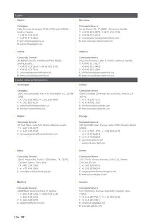 186
España
• Madrid
Embajada
Calle Príncipe de Vergara N°36, 5° Derecha 28001,
Madrid, España.
T: +34 91 431 4242
F: +34 91 577 6861
E: lepru@embajadaperu.es
W: www.embajadaperu.es
• Barcelona
Consulado General
Av. de Roma 157, 1° 08011, Barcelona, España.
T: +34 93 415 4999 / +34 93 451 1784
F: +34 93 237 4634
E: consulado@consulperubarcelona.com
W: www.consulperubarcelona.com
• Sevilla
Consulado General
Av. María Luisa s/n, Pabellón de Perú 41013,
Sevilla, España.
T: +34 95 423 2819 / +34 95 462 8301
F: +34 95 423 7925
E: consuladoperusevilla@yahoo.es
W: www.consuladoperusevilla.es
• Valencia
Consulado General
Plaza Los Pinazos 2, piso 3, 46004, Valencia, España.
T: +34 96 351 5927
+34 96 352 4463
F: +34 96 352 3289
E: info@consuladoperuvalencia.org
W: www.consuladoperuvalencia.org
Estados Unidos de Norteamérica
• Washington
Embajada
1700 Massachussetts Ave. N.W. Washington D.C. 20036-
1903.
T: +1 202 833 9860 / +1 202 833 9869
F: +1 202 659 8124
E: comunica@embassyofperu.us
W: www.peruvianembassy.us
• Atlanta
Consulado General
4360 Chamblee Dunwoody Rd. Suite 580, Atlanta, GA
30341.
T: +1 678 336 7010
F: +1 678 990 1920
E: info@consulperuatlanta.com
W: www.consulperuatlanta.com
• Boston
Consulado General
20 Park Plaza, Suite 511, Boston, Massachussets.
T: +1 617 338 2227
F: +1 617 338 2742
E: consuladogeneral@conperboston.com
• Chicago
Consulado General
180 North Michigan Avenue, Suite 1830, Chicago, Illinois
60601.
T: +1 312 782 1599 / +1 312 853 6173
+1 312 853 6174
F: +1 312 704 6969
E: sipan@ameritech.net
poderes@ameritech.net
• Dallas
Consulado General
13601 Preston Rd. Suite E - 650 Dallas, TX, 75240,
“Carrillon Towers - Torre Este”
T: +1 972 234 0005
F: +1 972 498 1086
E: consulperu-dallas@rree.gob.pe
• Denver
Consulado General
1001 South Monaco Parkway, Suite 210, Denver,
Colorado 80224.
T: +1 303 355 8555
F: +1 303 355 8003
E: conperdenver@consuladoperu.net
W: www.consuladoperu.com
• Hartford
Consulado General
250 D Main Street Hartford, CT 06106.
T: +1 860 548 0266 / +1 860 548 0337
+1 860 548 0305
F: +1 860 548 0094
E: conperhartford@aol.com
• Houston
Consulado General
5177 Richmond Avenue, Suite 695, Houston. Texas
77056.
T: +1 713 355 9517 / +1 713 355 9438
F: +1 713 355 9377
E: conperu@sbcglobal.net
W: www.sbc.yahoo.com
 