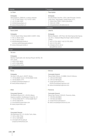 188
Holanda Honduras
• La Haya
Embajada
Nassauplain 4, 2585 EA, La Haya, Holanda
T: +31 70 365 3500 / +31 70 427 1693
F: +31 70 365 1929
E: info@embassyofperu.nl
W: www.embassyofperu.nl
• Tegucigalpa
Embajada
Escuela Dowal Casa Nro. 3301 Calle Principal, Colonia
Linda Vista, Tegucigalpa, Casilla Postal 3171.
T: +504 2236 7994 / +504 2236 8345
F: +504 221 4598
E: embajadadelperu@cablecolor.hn
India Indonesia
• Nueva Delhi
Embajada
F-3/16 Vasant Vihar, Nueva Delhi 110057, India.
T: +91 11 4616 3333
F: +91 11 4616 3301
E: info@embassyperuindia.in
commercial@embassyperuindia.in
W: www.embassyperuindia.in
• Jakarta
Embajada
Menara Rajawali, 12th Floor, Ide Anak Agung Gde Agung,
Lot. # 5.1, Kawasan Mega Kuningan Jakarta Selatan
12950.
T: +62 21 576 1820 / +62 21 576 1821
F: +62 21 576 1825
E: embaperu@cbn.net.id
leprujkt@cbn.net.id
Israel
• Tel Aviv
Embajada
Medinat Hayehudim, 60, Herzliya Pituach 46766, Tel
Aviv, Israel.
T: +972 9 957 8835
F: +972 9 956 8495
E: emperu@012.net.il
Italia
• Roma
Embajada
Vía Siacci 2/B, piso 2, 00197, Roma.
T: +39 06 8069 1510 / +39 06 8069 1534
F: +39 06 8069 1777
E: embperu@ambasciataperu.it
W: www.ambasciataperu.it
• Génova
Consulado General
Piazza Della Vittoria, 15 AMM, E16121 Génova.
T: +39 010 595 5569
F: +39 010 584 8236
E: conper.genova@tiscali.it
info@consuladoperugenova.com
W: www.consuladoperugenova.com
• Milán
Consulado General
Vía Roberto Bracco Nº 1 20159, Milano.
Ingreso al público: Via Benigno Crespi No. 15
T: +39 02 6900 4577 / +39 02 6680 9617
F: +39 02 668 5575
E: consulado@conpermilan.com
W: www.conpermilan.com
• Florencia
Consulado General
Piazza San Firenze 3 50122, Florencia, Italia.
T: +39 055 260 8803
F: +39 055 260 8803
E: conper.florencia@yahoo.it
W: www.consuladoperuflorencia.com
• Turín
Consulado General
Vía Pastrengo 29, C.P. 10128, Turín, Italia.
T: +39 11 581 9762
F: +39 11 509 8805
E: consulperu@rree.gob.pe
conperturin@hotmail.com
 