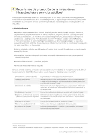 II. Entorno de Negocios
61Guía de Negocios e Inversión en el Perú
4 Mecanismos de promoción de la inversión en
infraestructura y servicios públicos3
El Estado peruano facilita el acceso a la inversión privada en una amplia gama de actividades y proyectos.
Consciente del papel dinamizador de la actividad empresarial, la legislación peruana reconoce las siguientes
modalidades de participación privada: (a) iniciativa privada, (b) asociación público-privada y (c) obras por
impuestos.
a. Iniciativa Privada
Mediante la modalidad de Iniciativa Privada, el Estado peruano brinda al sector privado la posibilidad
de presentar un proyecto de inversión en activos, empresas, proyectos, servicios u obras públicas de
infraestructura estatales. Las iniciativas privadas deberán presentarse, de acuerdo con los requisitos
establecidos, a los Organismos Promotores de la Inversión Privada (en caso del Gobierno Nacional,
a ProInversión; en caso de Gobiernos Regionales o Locales, al Órgano designado) para su respectiva
evaluación y admisión a trámite. Desde el punto de vista del financiamiento, las iniciativas privadas pueden
ser auto-sostenibles o co-financiadas.
Entre los principales criterios que el Organismo Promotor de la Inversión Privada toma en cuenta para la
evaluación, figuran:
• La capacidad financiera y solvencia técnica del proponente para desarrollar proyectos de magnitud
similar al propuesto.
• La rentabilidad económica y social del proyecto.
• El impacto medioambiental del proyecto.
Para ser admitida a trámite, la iniciativa privada debe tener un monto total de inversión mayor a 15,000 UIT
(aproximadamente US$20.3 millones) y debe seguir el siguiente flujo de proceso resumido
4
:
1 Presentación y admisión a trámite Se presentará una simple propuesta ante ProInversión.
2 Relevancia y prioridad ProInversión remitirá toda la documentación al sector, Gobierno Regional
o Gobierno Local competente, para pronunciamiento sobre la relevancia y
prioridad de la Iniciativa Privada.
3 Declaración de viabilidad ProInversión comunicará al proponente para que proceda a la elaboración
de estudios de preinversión. Posteriormente se evaluará la viabilidad de la
Iniciativa Privada.
4 Análisis costo - beneficio ProInversión realizará el análisis costo-beneficio de la Iniciativa Privada.
5 Opiniones del Ministerio de Economía
y Finanzas y del organismo regulador
El Ministerio de Economía y Finanzas emitirá opinión respecto del análisis
costo-beneficio, así como de la capacidad presupuestal y responsabilidad
fiscal del Estado.
6 Declaración de interés ProInversión declarará interés de la Iniciativa Privada.
7 Concurso o adjudicación directa Se lleva a cabo el concurso o adjudicación directa del postor.
8 Suscripción del contrato El sector, Gobierno Regional o Gobierno Local competente, suscribirá el
contrato, así como sus adendas.
3
Fuente: ProInversión
4
Fuente: ProInversión (elaboración simplificada de EY; para ver el flujograma completo, visite: www.proyectosapp.pe)
 