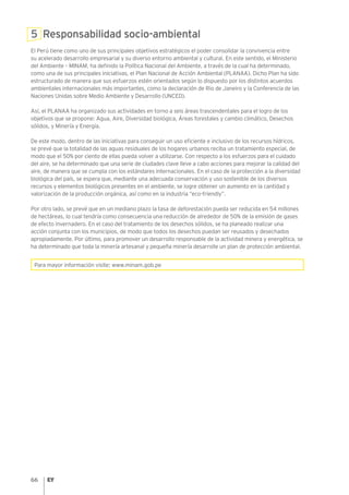 66
5 Responsabilidad socio-ambiental
El Perú tiene como uno de sus principales objetivos estratégicos el poder consolidar la convivencia entre
su acelerado desarrollo empresarial y su diverso entorno ambiental y cultural. En este sentido, el Ministerio
del Ambiente – MINAM, ha definido la Política Nacional del Ambiente, a través de la cual ha determinado,
como una de sus principales iniciativas, el Plan Nacional de Acción Ambiental (PLANAA). Dicho Plan ha sido
estructurado de manera que sus esfuerzos estén orientados según lo dispuesto por los distintos acuerdos
ambientales internacionales más importantes, como la declaración de Rio de Janeiro y la Conferencia de las
Naciones Unidas sobre Medio Ambiente y Desarrollo (UNCED).
Así, el PLANAA ha organizado sus actividades en torno a seis áreas trascendentales para el logro de los
objetivos que se propone: Agua, Aire, Diversidad biológica, Áreas forestales y cambio climático, Desechos
sólidos, y Minería y Energía.
De este modo, dentro de las iniciativas para conseguir un uso eficiente e inclusivo de los recursos hídricos,
se prevé que la totalidad de las aguas residuales de los hogares urbanos reciba un tratamiento especial, de
modo que el 50% por ciento de ellas pueda volver a utilizarse. Con respecto a los esfuerzos para el cuidado
del aire, se ha determinado que una serie de ciudades clave lleve a cabo acciones para mejorar la calidad del
aire, de manera que se cumpla con los estándares internacionales. En el caso de la protección a la diversidad
biológica del país, se espera que, mediante una adecuada conservación y uso sostenible de los diversos
recursos y elementos biológicos presentes en el ambiente, se logre obtener un aumento en la cantidad y
valorización de la producción orgánica, así como en la industria “eco-friendly”.
Por otro lado, se prevé que en un mediano plazo la tasa de deforestación pueda ser reducida en 54 millones
de hectáreas, lo cual tendría como consecuencia una reducción de alrededor de 50% de la emisión de gases
de efecto invernadero. En el caso del tratamiento de los desechos sólidos, se ha planeado realizar una
acción conjunta con los municipios, de modo que todos los desechos puedan ser reusados y desechados
apropiadamente. Por último, para promover un desarrollo responsable de la actividad minera y energética, se
ha determinado que toda la minería artesanal y pequeña minería desarrolle un plan de protección ambiental.
Para mayor información visite: www.minam.gob.pe
 