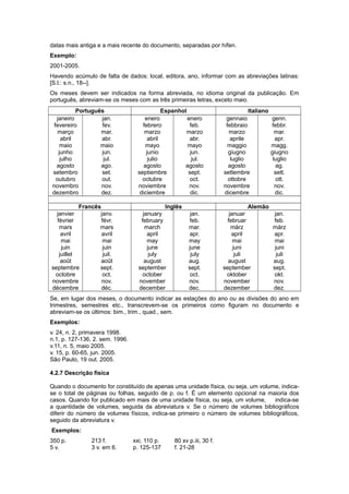 datas mais antiga e a mais recente do documento, separadas por hífen.
Exemplo:
2001-2005.
Havendo acúmulo de falta de dados: local, editora, ano, informar com as abreviações latinas:
[S.l.: s.n., 18--].
Os meses devem ser indicados na forma abreviada, no idioma original da publicação. Em
português, abreviam-se os meses com as três primeiras letras, exceto maio.
Português Espanhol Italiano
janeiro
fevereiro
março
abril
maio
junho
julho
agosto
setembro
outubro
novembro
dezembro
jan.
fev.
mar.
abr.
maio
jun.
jul.
ago.
set.
out.
nov.
dez.
enero
febrero
marzo
abril
mayo
junio
julio
agosto
septiembre
octubre
noviembre
diciembre
enero
feb.
marzo
abr.
mayo
jun.
jul.
agosto
sept.
oct.
nov.
dic.
gennaio
febbraio
marzo
aprile
maggio
giugno
luglio
agosto
settembre
ottobre
novembre
dicembre
genn.
febbr.
mar.
apr.
magg.
giugno
luglio
ag.
sett.
ott.
nov.
dic.
Francês Inglês Alemão
janvier
février
mars
avril
mai
juin
juillet
août
septembre
octobre
novembre
décembre
janv.
févr.
mars
avril
mai
juin
juil.
août
sept.
oct.
nov.
déc.
january
february
march
april
may
june
july
august
september
october
november
december
jan.
feb.
mar.
apr.
may
june
july
aug.
sept.
oct.
nov.
dec.
januar
februar
märz
april
mai
juni
juli
august
september
oktober
november
dezember
jan.
feb.
märz
apr.
mai
juni
juli
aug.
sept.
okt.
nov.
dez.
Se, em lugar dos meses, o documento indicar as estações do ano ou as divisões do ano em
trimestres, semestres etc., transcrevem-se os primeiros como ﬁguram no documento e
abreviam-se os últimos: bim., trim., quad., sem.
Exemplos:
v. 24, n. 2, primavera 1998.
n.1, p. 127-136, 2. sem. 1996.
v.11, n. 5, maio 2005.
v. 15, p. 60-65, jun. 2005.
São Paulo, 19 out. 2005.
4.2.7 Descrição física
Quando o documento for constituído de apenas uma unidade física, ou seja, um volume, indica-
se o total de páginas ou folhas, seguido de p. ou f. É um elemento opcional na maioria dos
casos. Quando for publicado em mais de uma unidade física, ou seja, um volume, indica-se
a quantidade de volumes, seguida da abreviatura v. Se o número de volumes bibliográﬁcos
diferir do número de volumes físicos, indica-se primeiro o número de volumes bibliográﬁcos,
seguido da abreviatura v.
Exemplos:
350 p. 213 f. xxi, 110 p. 80 xv p.iii, 30 f.
5 v. 3 v. em 6. p. 125-137 f. 21-28
 