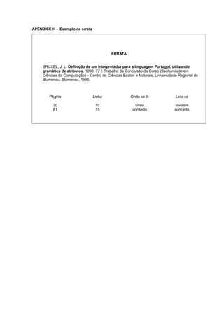 APÊNDICE H - Exemplo de errata
ERRATA
BRUXEL, J. L. Definição de um interpretador para a linguagem Portugol, utilizando
gramática de atributos. 1996. 77 f. Trabalho de Conclusão de Curso (Bacharelado em
Ciências da Computação) – Centro de Ciências Exatas e Naturais, Universidade Regional de
Blumenau, Blumenau, 1996.
Página Linha Onde se lê Leia-se
30
81
10
15
viveu
conserto
viveram
concerto
 