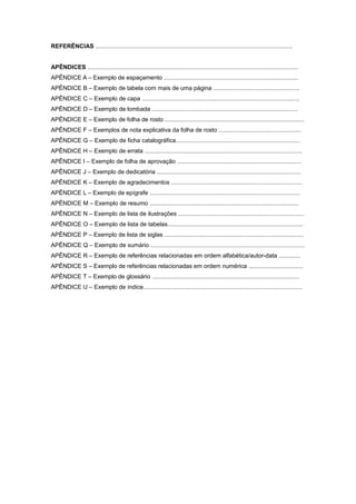 REFERÊNCIAS .......................................................................................................................
APÊNDICES ...............................................................................................................................
APÊNDICE A – Exemplo de espaçamento .................................................................................
APÊNDICE B – Exemplo de tabela com mais de uma página ....................................................
APÊNDICE C – Exemplo de capa ...............................................................................................
APÊNDICE D – Exemplo de lombada ........................................................................................
APÊNDICE E – Exemplo de folha de rosto ....................................................................................
APÊNDICE F – Exemplos de nota explicativa da folha de rosto ..................................................
APÊNDICE G – Exemplo de ficha catalográfica...........................................................................
APÊNDICE H – Exemplo de errata ...............................................................................................
APÊNDICE I – Exemplo de folha de aprovação ...........................................................................
APÊNDICE J – Exemplo de dedicatória .......................................................................................
APÊNDICE K – Exemplo de agradecimentos ...............................................................................
APÊNDICE L – Exemplo de epígrafe ...........................................................................................
APÊNDICE M – Exemplo de resumo ..........................................................................................
APÊNDICE N – Exemplo de lista de ilustrações ............................................................................
APÊNDICE O – Exemplo de lista de tabelas..................................................................................
APÊNDICE P – Exemplo de lista de siglas ....................................................................................
APÊNDICE Q – Exemplo de sumário .............................................................................................
APÊNDICE R – Exemplo de referências relacionadas em ordem alfabética/autor-data .............
APÊNDICE S – Exemplo de referências relacionadas em ordem numérica .................................
APÊNDICE T – Exemplo de glossário .........................................................................................
APÊNDICE U – Exemplo de índice................................................................................................
 