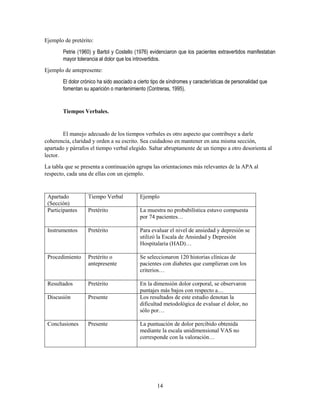 14
Ejemplo de pretérito:
Petrie (1960) y Bartol y Costello (1976) evidenciaron que los pacientes extravertidos manifestaban
mayor tolerancia al dolor que los introvertidos.
Ejemplo de antepresente:
El dolor crónico ha sido asociado a cierto tipo de síndromes y características de personalidad que
fomentan su aparición o mantenimiento (Contreras, 1995).
Tiempos Verbales.
El manejo adecuado de los tiempos verbales es otro aspecto que contribuye a darle
coherencia, claridad y orden a su escrito. Sea cuidadoso en mantener en una misma sección,
apartado y párrafos el tiempo verbal elegido. Saltar abruptamente de un tiempo a otro desorienta al
lector.
La tabla que se presenta a continuación agrupa las orientaciones más relevantes de la APA al
respecto, cada una de ellas con un ejemplo.
Apartado
(Sección)
Tiempo Verbal Ejemplo
Participantes Pretérito La muestra no probabilística estuvo compuesta
por 74 pacientes…
Instrumentos Pretérito Para evaluar el nivel de ansiedad y depresión se
utilizó la Escala de Ansiedad y Depresión
Hospitalaria (HAD)…
Procedimiento Pretérito o
antepresente
Se seleccionaron 120 historias clínicas de
pacientes con diabetes que cumplieran con los
criterios…
Resultados Pretérito En la dimensión dolor corporal, se observaron
puntajes más bajos con respecto a…
Discusión Presente Los resultados de este estudio denotan la
dificultad metodológica de evaluar el dolor, no
sólo por…
Conclusiones Presente La puntuación de dolor percibido obtenida
mediante la escala unidimensional VAS no
corresponde con la valoración…
 
