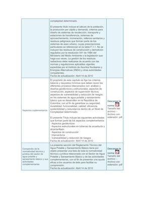 complejidad determinado.

                          El presente título incluye el cálculo de la población,
                          la producción per cápita y demanda, criterios para
                          diseño de sistemas de recolección, transporte y
                          estaciones de transferencia, sistemas de
                          aprovechamiento, incineración, rellenos sanitarios y
                          residuos peligrosos que forman parte de los
                          sistemas de aseo urbano, cuyas prescripciones
                          particulares se referencian en la tabla F.1.1. No se
                          incluyen los residuos de construcción y demolición
                          regulados por la resolución 541 de 1994 del
                          Ministerio del Medio Ambiente o la legislación que
                          haga sus veces. La gestión de los residuos
                          radiactivos debe realizarse de acuerdo con las
                          normas y regulaciones aplicables vigentes
                          expedidas por el Instituto de Asuntos Nucleares y
                          Energías Alternativas (INEA) y otras autoridades
                          competentes.
                          Fecha de actualización: Abril 14 de 2010
                          El propósito de este capítulo es fijar los criterios
                          básicos y requisitos mínimos que deben reunir los
                          diferentes procesos relacionados con: análisis y
                          diseños geotécnicos y estructurales, aspectos de
                          construcción, aspectos de supervisión técnica,
                          aspectos de vulnerabilidad y reducción de riesgos
                          en los sistemas de agua potable y saneamiento
                          básico que se desarrollen en la República de             Descargar la
                          Colombia, con el fin de garantizar su seguridad,
                          durabilidad, funcionalidad, calidad, eficiencia,         norma
                          sostenibilidad y redundancia dentro de un Nivel de       Tamaño del
Aspectos coplementarios                                                            archivo: -
                          Complejidad determinado.
                                                                                   Archivo con
                          El presente Título incluye las siguientes actividades    extensión: pdf
                          que forman parte de los aspectos complementarios:
                          · Aspectos geotécnicos
                          · Aspectos estructurales en tuberías de acueducto y
                          alcantarillado
                          · Aspectos de construcción
                          · Interventoría
                          · Vulnerabilidad y reducción de riesgos
                          Fecha de actualización: Abril 14 de 2010
                         La presente sección del Reglamento Técnico del
Compendio de la          Agua Potable y Saneamiento Básico tiene por               Descargar la
normatividad técnica y   objeto presentar una lista de toda la normatividad
jurídica del sector de   técnica y jurídica relacionada con el Sector de Agua      norma
agua potable y           Potable y Saneamiento Básico y de las actividades         Tamaño del
saneamiento básico y sus complementarias, con el fin de presentar una ayuda        archivo: -
actividades              eficaz a los usuarios de éste para facilitar su           Archivo con
complementarias                                                                    extensión: pdf
                         comprensión.
                         Fecha de actualización: Abril 14 de 2010
 