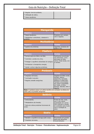 Guia de Nutrição – Definição Total
Definição Total – Nutrição – Treinos – Fisiculturismo - Suplementação Página 26
* Regular nível de potássio;
* Utilização de cálcio;
* Ossos saudáveis.
Manganês
Objetivo Fontes
* Ossos saudáveis; Produtos com cereais,
chá e vegetais.
* Metabolizar carboidrato, colesterol e
proteína.
Molibdênio
Objetivo Fontes
* Quebra de proteínas. Legumes, produtos de
grãos e noz.
Fósforo
Objetivo Fontes
* Formar parte do DNA e do RNA; Facilmente encontrado
nos alimentos, como
derivados do leite,
carne, frutas secas, ovo
e cereais.
* Controlar a acidez da urina;
* Proteger o equilíbrio ácido/base do sangue;
* Armazenar e transportar energia;
* Ajudar a ativar algumas proteínas.
Potássio
Objetivo Fontes
* Impulsos nervosos; Vegetais de folha verde,
tomate, pepino,
abobrinha, berinjela,
abóbora e tubérculos.
Também encontrados
em menor quantidade
em feijão, ervilha,
banana, abacate, leite e
iogurte.
* Contração muscular;
* Regular pressão sanguínea.
Nota: O potássio possui um efeito benéfico de combater os efeitos do
sódio (sal) na pressão sanguínea.
Selênio
Objetivo Fontes
* Antioxidante; Frutos do mar, aves,
ovo, e em menor
quantidade em carnes
com músculo e cereais
(o conteúdo varia muito
com a condição do
solo).
* Metabolismo da tireoide;
* Parte de várias proteínas funcionais do
corpo.
Sódio
Objetivo Fontes
* Mantém o equilíbrio da água pelo corpo; Encontrado em grande
parte dos alimentos
industrializados
* Impulsos nervosos;
 