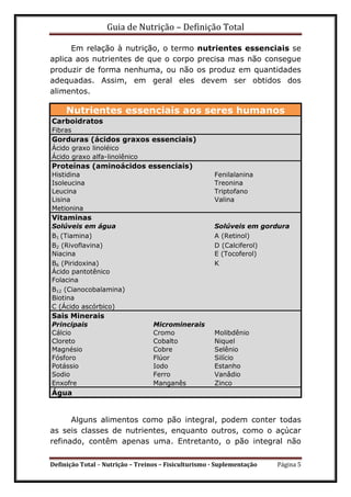 Guia de Nutrição – Definição Total
Definição Total – Nutrição – Treinos – Fisiculturismo - Suplementação Página 5
Em relação à nutrição, o termo nutrientes essenciais se
aplica aos nutrientes de que o corpo precisa mas não consegue
produzir de forma nenhuma, ou não os produz em quantidades
adequadas. Assim, em geral eles devem ser obtidos dos
alimentos.
Nutrientes essenciais aos seres humanos
Carboidratos
Fibras
Gorduras (ácidos graxos essenciais)
Ácido graxo linoléico
Ácido graxo alfa-linolênico
Proteínas (aminoácidos essenciais)
Histidina Fenilalanina
Isoleucina Treonina
Leucina Triptofano
Lisina Valina
Metionina
Vitaminas
Solúveis em água Solúveis em gordura
B1 (Tiamina) A (Retinol)
B2 (Rivoflavina) D (Calciferol)
Niacina E (Tocoferol)
B6 (Piridoxina) K
Ácido pantotênico
Folacina
B12 (Cianocobalamina)
Biotina
C (Ácido ascórbico)
Sais Minerais
Principais Microminerais
Cálcio Cromo Molibdênio
Cloreto Cobalto Niquel
Magnésio Cobre Selênio
Fósforo Flúor Silício
Potássio Iodo Estanho
Sodio Ferro Vanâdio
Enxofre Manganês Zinco
Água
Alguns alimentos como pão integral, podem conter todas
as seis classes de nutrientes, enquanto outros, como o açúcar
refinado, contêm apenas uma. Entretanto, o pão integral não
 