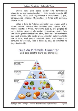 Guia de Nutrição – Definição Total
Definição Total – Nutrição – Treinos – Fisiculturismo - Suplementação Página 9
Embora cada guia possa utilizar uma terminologia
diferente, as seis categorias são: (1) leite, iogurte e queijo; (2)
carne, aves, peixe, ovos, leguminosas e oleaginosas; (3) pão,
cereais, arroz e massas; (4) vegetais; (5) frutas e (6) gorduras,
óleos e doces.
Utilize o Guia da Pirâmide Alimentar para ajudar você a
comer melhor. Comece com bastante pão, cereais, arroz,
massa, vegetais e frutas. Acrescente duas ou três porções do
grupo do leite e duas ou três porções do grupo das carnes. Cada
um desses grupos fornece uma parte, não o total dos nutrientes
que você precisa. Não existe grupo alimentar mais importante
que o outro, você precisa consumir todos. Não exagere no
consumo de gorduras, óleos e doces, ou seja, os alimentos no
topo da pirâmide.
 