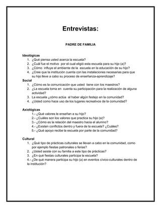 Entrevistas:
PADRE DE FAMILIA
Ideológicas
1. ¿Qué piensa usted acerca la escuela?
2. ¿Cuál fue el motivo por el cual eligió esta escuela para su hijo (a)?
3. ¿Cómo influye el ambiente de la escuela en la educación de su hijo?
4. ¿Cree que la institución cuenta con las instalaciones necesarias para que
su hijo lleve a cabo su proceso de enseñanza-aprendizaje?
Social
1. ¿Cómo es la comunicación que usted tiene con los maestros?
2. ¿La escuela toma en cuenta su participación para la realización de alguna
actividad?
3. La escuela ¿cómo actúa al haber algún festejo en la comunidad?
4. ¿Usted como hace uso de los lugares recreativos de la comunidad?
Axiológicas
1.- ¿Qué valores le enseñan a su hijo?
2.- ¿Cuáles son los valores que practica su hijo (a)?
3.- ¿Cómo es la relación del maestro hacia el alumno?
4.- ¿Existen conflictos dentro y fuera de la escuela? ¿Cuáles?
5.- ¿Qué apoyo recibe la escuela por parte de la comunidad?
Cultural
1. ¿Qué tipo de prácticas culturales se llevan a cabo en la comunidad, como
por ejemplo fiestas patronales o ferias?
2. ¿Usted asiste con su familia a este tipo de prácticas?
3. ¿En qué fiestas culturales participa la escuela?
4.- ¿De qué manera participa su hijo (a) en eventos cívico-culturales dentro de
la institución?
 