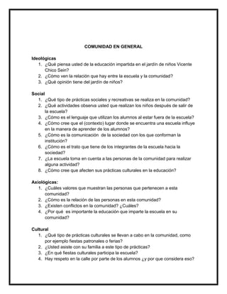 COMUNIDAD EN GENERAL
Ideológicas
1. ¿Qué piensa usted de la educación impartida en el jardín de niños Vicente
Chico Sein?
2. ¿Cómo ven la relación que hay entre la escuela y la comunidad?
3. ¿Qué opinión tiene del jardín de niños?
Social
1. ¿Qué tipo de prácticas sociales y recreativas se realiza en la comunidad?
2. ¿Qué actividades observa usted que realizan los niños después de salir de
la escuela?
3. ¿Cómo es el lenguaje que utilizan los alumnos al estar fuera de la escuela?
4. ¿Cómo cree que el (contexto) lugar donde se encuentra una escuela influye
en la manera de aprender de los alumnos?
5. ¿Cómo es la comunicación de la sociedad con los que conforman la
institución?
6. ¿Cómo es el trato que tiene de los integrantes de la escuela hacia la
sociedad?
7. ¿La escuela toma en cuenta a las personas de la comunidad para realizar
alguna actividad?
8. ¿Cómo cree que afecten sus prácticas culturales en la educación?
Axiológicas:
1. ¿Cuáles valores que muestran las personas que pertenecen a esta
comunidad?
2. ¿Cómo es la relación de las personas en esta comunidad?
3. ¿Existen conflictos en la comunidad? ¿Cuáles?
4. ¿Por qué es importante la educación que imparte la escuela en su
comunidad?
Cultural
1. ¿Qué tipo de prácticas culturales se llevan a cabo en la comunidad, como
por ejemplo fiestas patronales o ferias?
2. ¿Usted asiste con su familia a este tipo de prácticas?
3. ¿En qué fiestas culturales participa la escuela?
4. Hay respeto en la calle por parte de los alumnos ¿y por que considera eso?
 