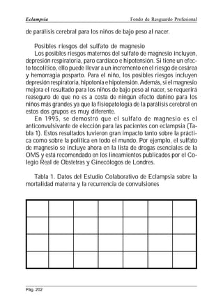 Eclampsia

Fondo de Resguardo Profesional

de parálisis cerebral para los niños de bajo peso al nacer.
Posibles riesgos del sulfato de magnesio
Los posibles riesgos maternos del sulfato de magnesio incluyen,
depresión respiratoria, paro cardíaco e hipotensión. Si tiene un efecto tocolítico, ello puede llevar a un incremento en el riesgo de cesárea
y hemorragia posparto. Para el niño, los posibles riesgos incluyen
depresión respiratoria, hipotonía e hipotensión. Además, si el magnesio
mejora el resultado para los niños de bajo peso al nacer, se requerirá
reaseguro de que no es a costa de ningún efecto dañino para los
niños más grandes ya que la fisiopatología de la parálisis cerebral en
estos dos grupos es muy diferente.
En 1995, se demostró que el sulfato de magnesio es el
anticonvulsivante de elección para las pacientes con eclampsia (Tabla 1). Estos resultados tuvieron gran impacto tanto sobre la práctica como sobre la política en todo el mundo. Por ejemplo, el sulfato
de magnesio se incluye ahora en la lista de drogas esenciales de la
OMS y está recomendado en los lineamientos publicados por el Colegio Real de Obstetras y Ginecólogos de Londres.
Tabla 1. Datos del Estudio Colaborativo de Eclampsia sobre la
mortalidad materna y la recurrencia de convulsiones

Pág. 202

 