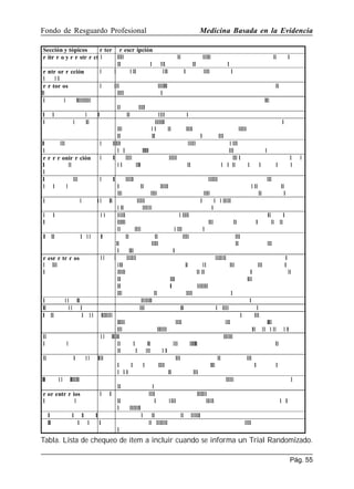 Fondo de Resguardo Profesional
öýûûùøú õ þøôùûÿ÷
ùþ
ÿõ
÷þ
úþ ÿ

þý

Medicina Basada en la Evidencia

ý÷û ùôûùøú

ûþ ÿ

ûûùøú

þÿ ÿ÷

ÿúù

ûùøú

ÿ
ÿÿ
ÿ

ý÷

þ

ÿ

ÿ÷

ÿ
ÿ
ÿ
ÿ
ÿ
ÿ
ÿ
ÿ ýúþ

ùÿ÷
ÿ

Tabla. Lista de chequeo de ítem a incluir cuando se informa un Trial Randomizado.
Pág. 55

 