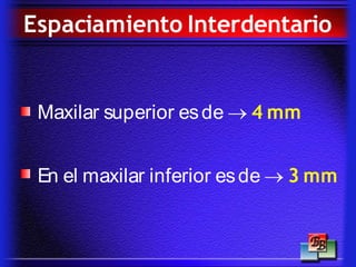 Maxilar superior esde  4 mm
En el maxilar inferior esde  3 mm
Espaciamiento Interdentario
 