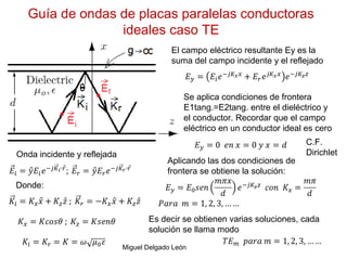 Guía de ondas de placas paralelas conductoras
ideales caso TE
Miguel Delgado León
Onda incidente y reflejada
Donde:
El campo eléctrico resultante Ey es la
suma del campo incidente y el reflejado
Se aplica condiciones de frontera
E1tang.=E2tang. entre el dieléctrico y
el conductor. Recordar que el campo
eléctrico en un conductor ideal es cero
Aplicando las dos condiciones de
frontera se obtiene la solución:
Es decir se obtienen varias soluciones, cada
solución se llama modo
C.F.
Dirichlet
 