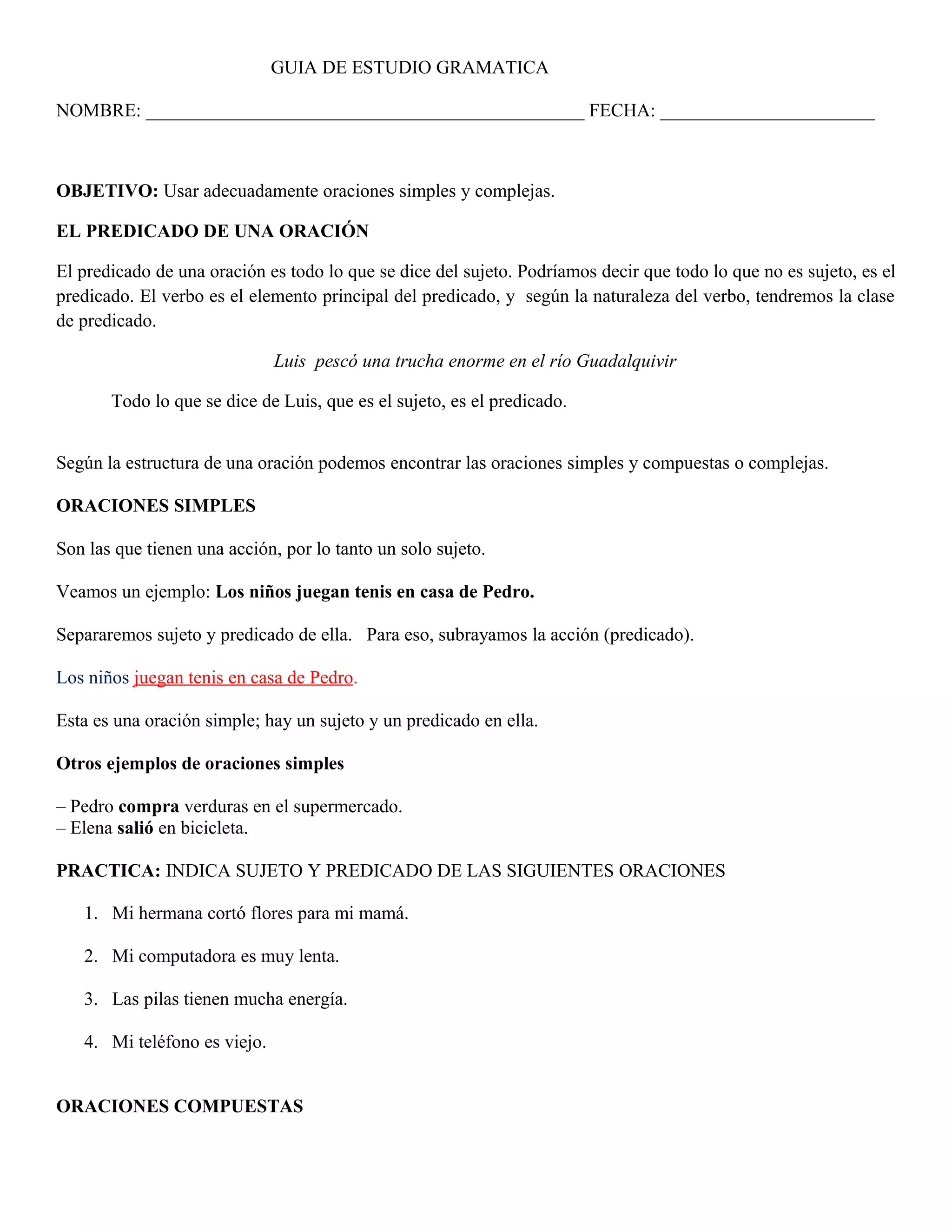 Hoja De Trabajo De Oraciones Compuestas Simples