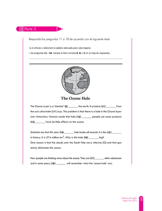8Módulo de Inglés
Saber Pro 2015
Parte 3
Responda las preguntas 11 a 18 de acuerdo con el siguiente texto
 