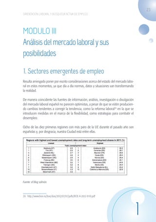 23
                    ORIENTACIÓN LABORAL Y BÚSQUEDA ACTIVA DE EMPLEO




                    MODULO III
                    Análisis del mercado laboral y sus
                    posibilidades

                    1. Sectores emergentes de empleo
                    Resulta arriesgado poner por escrito consideraciones acerca del estado del mercado labo-
                    ral en estos momentos, ya que día a día normas, datos y situaciones van transformando
                    la realidad.

                    De manera coincidente las fuentes de información, análisis, investigación o divulgación
                    del mercado laboral español no parecen optimistas, a pesar de que se estén producien-
                    do cambios tendentes a corregir la tendencia, como la reforma laboral20 en la que se
                    introducen medidas en el marco de la flexibilidad, como estrategias para combatir el
                    desempleo.

                    Ocho de las diez primeras regiones con más paro de la UE durante el pasado año son
                    españolas y, por desgracia, nuestra Ciudad está entre ellas.




                    Fuente: el blog salmón.



                    20. http://www.boe.es/boe/dias/2012/07/07/pdfs/BOE-A-2012-9110.pdf




                                                                                                               1
guia_2012_cap1azul_corregido.indd 23                                                                               03/10/12 12:44
 