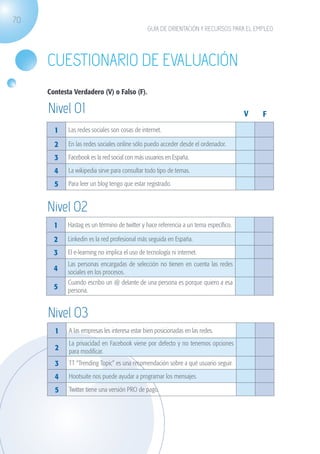 70
                                                                 GUÍA DE ORIENTACIÓN Y RECURSOS PARA EL EMPLEO




                   Cuestionario de evaluación
                   Contesta Verdadero (V) o Falso (F).

                    Nivel 01                                                                            V   F
                       1      Las redes sociales son cosas de internet.

                       2      En las redes sociales online sólo puedo acceder desde el ordenador.

                       3      Facebook es la red social con más usuarios en España.

                       4      La wikipedia sirve para consultar todo tipo de temas.

                       5      Para leer un blog tengo que estar registrado.


                   Nivel 02
                      1       Hastag es un término de twitter y hace referencia a un tema específico.

                      2       Linkedin es la red profesional más seguida en España.

                      3       El e-learning no implica el uso de tecnología ni internet.
                              Las personas encargadas de selección no tienen en cuenta las redes
                      4       sociales en los procesos.
                              Cuando escribo un @ delante de una persona es porque quiero a esa
                      5       persona.


                   Nivel 03
                       1      A las empresas les interesa estar bien posicionadas en las redes.
                              La privacidad en Facebook viene por defecto y no tenemos opciones
                       2      para modificar.
                       3      TT “Trending Topic” es una recomendación sobre a qué usuario seguir.

                       4      Hootsuite nos puede ayudar a programar los mensajes.

                       5      Twitter tiene una versión PRO de pago.




guia_2012_cap2_azul.indd 70                                                                                      03/10/12 12:45
 