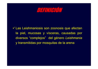 DEFINICIÓN
Las Leishmaniosis son zoonosis que afectan
la piel, mucosas y vísceras, causadas por
p ,
,
p
diversos “complejos” del género Leishmania
y transmitidas por mosquitas de la arena

 