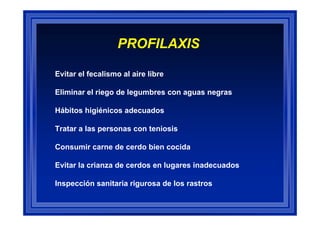 PROFILAXIS
Evitar el fecalismo al aire libre
Eliminar el riego de legumbres con aguas negras
Hábitos higiénicos adecuados
áb tos g é cos
Tratar a las personas con teniosis
Consumir carne de cerdo bien cocida
Evitar la crianza de cerdos en lugares inadecuados
Inspección sanitaria rigurosa de los rastros

 