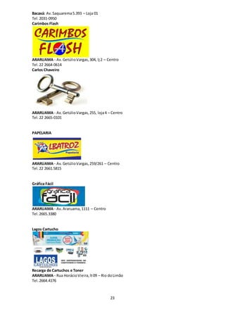 23
Bacaxá: Av.Saquarema5.393 – Loja 01
Tel. 2031-0950
Carimbos Flash
ARARUAMA - Av.GetúlioVargas,304, lj 2 – Centro
Tel. 22 2664-0614
Carlos Chaveiro
ARARUAMA - Av.GetúlioVargas,255, loja4 – Centro
Tel. 22 2665-0101
PAPELARIA
ARARUAMA - Av.GetúlioVargas,259/261 – Centro
Tel.22 2661.5815
Gráfica Fácil
ARARUAMA - Av.Araruama,1111 – Centro
Tel.2665.3380
Lagos Cartucho
Recarga de Cartuchos e Toner
ARARUAMA - Rua HorácioVieira,lt09 – Rio doLimão
Tel.2664.4176
 