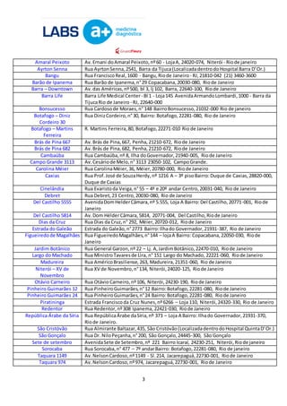3
Amaral Peixoto Av.Ernani doAmaral Peixoto,nº60 - LojaA, 24020-074, Niterói - Riode janeiro
Ayrton Senna Rua AyrtonSenna,2541, Barra da Tijuca(LocalizadadentrodoHospital Barra D’Or.)
Bangu Rua FranciscoReal,1600 - Bangu,Riode Janeiro - RJ,21810-042 (21) 3460-3600
Barão de Ipanema Rua Barão de Ipanema,n°29 Copacabana,20030-080, Riode Janeiro
Barra – Downtown Av.das Américas,nº500, bl 3, lj 102, Barra, 22640-100, Riode Janeiro
Barra Life Barra Life Medical Center- Bl 1 - Loja145 AvenidaArmandoLombardi,1000 - Barra da
TijucaRio de Janeiro - RJ, 22640-000
Bonsucesso Rua Cardosode Moraes,n° 148 BairroBonsucesso,21032-000 Rio de janeiro
Botafogo – Diniz
Cordeiro 30
Rua DinizCordeiro,n°30, Bairro: Botafogo,22281-080, Rio de Janeiro
Botafogo – Martins
Ferreira
R. Martins Ferreira,80, Botafogo,22271-010 Rio de Janeiro
Brás de Pina 667 Av.Brás de Pina,667, Penha,21210-672, Riode Janeiro
Brás de Pina 682 Av.Brás de Pina,682, Penha,21210-672, Riode Janeiro
Cambaúba Rua Cambaúba,nº 8, Ilha doGovernador,21940-005, Riode Janeiro
Campo Grande 3113 Av.Cesáriode Melo,n° 3113 23050-102, CampoGrande.
Carolina Méier Rua CarolinaMéier,36, Méier,20780-000, Riode Janeiro
Caxias Rua Prof.José de SouzaHerdy,nº 1216 A – 3º pisoBairro:Duque de Caxias,28820-000,
Duque de Caxias
Cinelândia Rua Evaristoda Veiga,n°55 – 4º e 20º andar Centro,20031-040, Rio de Janeiro
Debret Rua Debret,23 Centro,20030-080, Rio de Janeiro
Del Castilho 5555 AvenidaDomHelderCâmara,nº 5.555, Loja A Bairro:Del Castilho,20771-001, Riode
Janeiro
Del Castilho 5814 Av.Dom HélderCâmara,5814, 20771-004, Del Castilho,Riode Janeiro
Dias da Cruz Rua Dias da Cruz,n° 292, Méier,20720-012, Riode Janeiro
Estrada do Galeão Estrada do Galeão,n°2773 Bairro:Ilhado Governador,21931-387, Rio de Janeiro
Figueiredode Magalhães Rua FigueiredoMagalhães,n°144 – lojaA Bairro: Copacabana,22050-030, Riode
Janeiro
Jardim Botânico Rua General Garzon,nº 22 – Lj. A,JardimBotânico,22470-010, Riode Janeiro
Largo do Machado Rua MinistroTavaresde Lira, n° 151 Largo do Machado, 22221-060, Riode Janeiro
Madureira Rua AméricoBrasiliense,263, Madureira,21351-060, Rio de Janeiro
Niterói – XV de
Novembro
Rua XV de Novembro,n°134, Niterói,24020-125, Riode Janeiro
Otávio Carneiro Rua Otávio Carneiro, nº106, Niterói,24230-190, Riode Janeiro
Pinheiro Guimarães 12 Rua PinheiroGuimarães,n°12 Bairro:Botafogo,22281-080, Riode Janeiro
Pinheiro Guimarães 24 Rua PinheiroGuimarães,n°24 Bairro:Botafogo,22281-080, Riode Janeiro
Piratininga Estrada Franciscoda Cruz Nunes,nº6266 – Loja 110, Niterói,24320-330, Rio de Janeiro
Redentor Rua Redentor,nº308 Ipanema, 22421-030, Riode Janeiro
República Árabe da Síria Rua RepúblicaÁrabe daSíria,nº 373 – Loja A Bairro: Ilhado Governador,21931-370,
Riode Janeiro.
São Cristóvão Rua Almirante Baltazar,435, São Cristóvão(LocalizadadentrodoHospital QuintaD’Or.)
São Gonçalo Rua Dr. NiloPeçanha,n°200, São Gonçalo,24445-300, São Gonçalo
Sete de setembro AvenidaSete de Setembro,nº 221 Bairro Icaraí, 24230-251, Niterói,Riode janeiro
Sorocaba Rua Sorocaba,n° 477 – 7º andarBairro: Botafogo,22281-080, Rio de janeiro
Taquara 1149 Av.NelsonCardoso,nº1149 - Sl.214, Jacarepaguá,22730-001, Riode Janeiro
Taquara 974 Av.NelsonCardoso,nº974, Jacarepaguá,22730-001, Riode Janeiro
 