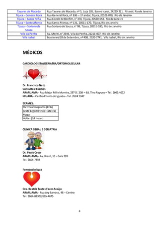 4
Tavares de Macedo Rua Tavaresde Macedo,nº 5, Loja 105, Bairro Icaraí, 24220-211, Niterói,Riode Janeiro
Tijuca – General Roca Rua General Roca,nº 836 – 1º andar,Tijuca, 20521-070, Rio de Janeiro
Tijuca – Saens Peña Rua Conde de Bonfim, n°370, Tijuca,20520-054, Rio de Janeiro
Tijuca – Santo Afonso Rua SantoAfonso,nº 131, 20511-170, Tijuca,Riode Janeiro
Tijuca – Soriano de
Souza
Rua Sorianode Souza,n° 98, Tijuca,20511-180, Riode Janeiro
Vila da Penha Av.Meriti,n° 2349, Vilada Penha,21211-007, Rio de Janeiro
Vila Isabel Boulevard28 de Setembro, nº408, 2520-7741, VilaIsabel,Riode Janeiro
MÉDICOS
CARDIOLOGISTA/GERIATRA/ORTOMOLECULAR
Dr. Francisco Neto
Consulta e Exames
ARARUAMA - Rua Major Félix Moreira,297 Sl.208 – Ed.Tina Raposo – Tel.2665.4632
IGUABA– CentroClinicode Iguaba– Tel.2624.1347
EXAMES:
Eletrocardiograma (ECG)
Teste Ergométrico(Esteira)
Mapa
Holter(24 horas)
CLÍNICAGERAL E GERIATRIA
Dr. PauloCesar
ARARUAMA - Av.Brasil,10 – Sala 703
Tel. 2664-7492
Fonoaudiologia
Dra. Beatriz Tostes FaverAraújo
ARARUAMA - Rua AryBarroso, 48 – Centro
Tel. 2664-8830/2665-4675
 