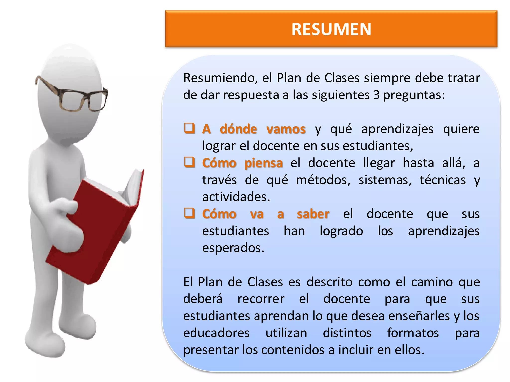 RESUMEN

Resumiendo, el Plan de Clases siempre debe tratar
de dar respuesta a las siguientes 3 preguntas:

 A dónde vamos y qué aprendizajes quiere
  lograr el docente en sus estudiantes,
 Cómo piensa el docente llegar hasta allá, a
  través de qué métodos, sistemas, técnicas y
  actividades.
 Cómo va a saber el docente que sus
  estudiantes han logrado los aprendizajes
  esperados.

El Plan de Clases es descrito como el camino que
deberá recorrer el docente para que sus
estudiantes aprendan lo que desea enseñarles y los
educadores utilizan distintos formatos para
presentar los contenidos a incluir en ellos.
 