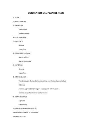 CONTENIDO DEL PLAN DE TESIS
1.-TEMA

2.-ANTECEDENTES

3.- PROBLEMA

       Formulación

       Sistematización

4.- JUSTIFICACIÓN

5.- OBJETIVOS

       General

       Específicos

6.- MARCO REFERENCIAL

       Marco teórico

       Marco Conceptual

7.- HIPÓTESIS

       General

       Específicas

8.- METODOLOGÍA

       Tipo de estudio: Exploratorio, descriptivo, correlacional y explicativo

       Métodos

       Técnicas y procedimientos para recolectar la información

       Técnicas para el análisis de la información

9.- PLAN ANALITICO

       Capítulos

       Subcapítulos

10-REFERENCIAS BIBLIOGRÁFICAS

11-CRONOGRAMA DE ACTIVIDADES

12-PRESUPUESTO
 