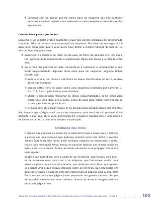 „„ Comente com os alunos que há outros tipos de esquema que irão conhecer
       para que escolham aquele mais adequado a cada pesquisa e preferências dos
       expositores.


Comentários para o professor
Esquema é um registro gráfico (bastante visual) dos pontos principais de determinado
conteúdo. Não há normas para elaboração do esquema. Ele deve ser um registro útil
para você, razão pela qual é você quem deve definir a melhor maneira de fazê-lo. Po-
rém um bom esquema deve:
  „„ evidenciar o esqueleto do texto (ou da aula, do filme, da palestra etc.) em ques-
     tão, apresentando rapidamente a organização lógica das ideias e a relação entre
     elas;
  „„ ser o mais fiel possível ao texto, limitando-se a reproduzir e compreender o con-
     teúdo esquematizado. Algumas dicas úteis para um esquema, segundo Huhne
     (2000), são:
    JJ após a leitura, dar títulos e subtítulos às ideias identificadas no texto, anotan-
       do-os nas margens;
    JJ colocar estes itens no papel como uma sequência ordenada por números (1,
       1.1, 1.2, 2 etc.) para indicar suas divisões;
    JJ utilizar símbolos para relacionar as ideias esquematizadas, como setas para
       indicar que uma ideia leva à outra, sinais de igual para indicar semelhança ou
       cruzes para indicar oposição etc.;
    JJ é igualmente útil utilizar chaves ({) ou círculos para agrupar ideias semelhantes.
Não importa que códigos você usa no seu esquema, pois ele é de uso pessoal. O im-
portante é que seja útil a você, permitindo-lhe recuperar rapidamente o argumento e
as ideias de um texto com uma simples visualização.


                              Revolução nos livros
    O desejo das pessoas de querer ler (e aprender!) mais e mais levou o homem
    a pensar em uma máquina que pudesse imprimir livros. Em 1450, o alemão
    Johann Gutenberg deu forma à tão sonhada máquina de impressão: o prelo.
    Houve uma revolução! Afinal, tornou-se possível fabricar um número maior de
    livros a um custo menor. Assim, as ideias passaram a se propagar com muito
    mais rapidez.
    Imagine que Gutenberg, com a ajuda de um mecânico, aperfeiçoou uma pren-
    sa de espremer uvas para criar a tal máquina, que funcionava assim: uma
    alavanca girava uma rosca de madeira, que abaixava uma tábua, que aperta-
    va o papel úmido, que estava colocado sobre as letrinhas, que arrumadas em
    palavras e frases e sujas de tinta iam imprimindo as páginas uma a uma. Ufa!
    Era como se para cada página fosse preparado um grande carimbo. Só que
    era possível desmanchar esse carimbo, tirando as letras e reorganizando-as
    para cada página nova.



Guia de Planejamento e Orientações Didáticas para o Professor da 3a série – Ciclo I         105
 