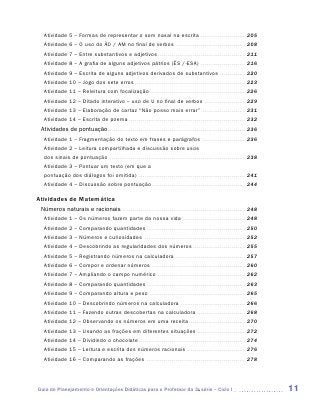 Atividade 5 – Formas de representar o som nasal na escrita . . . . . . . . . . . . . . . . . . . . . . . . 205
   Atividade 6 – O uso do ÃO / AM no final de verbos . . . . . . . . . . . . . . . . . . . . . . . . . . . . . . . . . . . . . 208
   Atividade 7 – Entre substantivos e adjetivos . . . . . . . . . . . . . . . . . . . . . . . . . . . . . . . . . . . . . . . . . . . . . . 211
   Atividade 8 – A grafia de alguns adjetivos pátrios (ÊS /-ESA) . . . . . . . . . . . . . . . . . . . . . . . . 216
   Atividade 9 – Escrita de alguns adjetivos derivados de substantivos . . . . . . . . . . . . . . 220
   Atividade 10 – Jogo dos sete erros . . . . . . . . . . . . . . . . . . . . . . . . . . . . . . . . . . . . . . . . . . . . . . . . . . . . . . . . . . 223
   Atividade 11 – Releitura com focalização . . . . . . . . . . . . . . . . . . . . . . . . . . . . . . . . . . . . . . . . . . . . . . . . . . 226
   Atividade 12 – Ditado interativo – uso de U no final de verbos . . . . . . . . . . . . . . . . . . . . . . 229
   Atividade 13 – Elaboração de cartaz “Não posso mais errar” . . . . . . . . . . . . . . . . . . . . . . . 231
   Atividade 14 – Escrita de poema . . . . . . . . . . . . . . . . . . . . . . . . . . . . . . . . . . . . . . . . . . . . . . . . . . . . . . . . . . . . . 232
 Atividades de pontuação. . . . . . . . . . . . . . . . . . . . . . . . . . . . . . . . . . . . . . . . . . . . . . . . . . . . . . . . . . . . . . . . . . . . . . . .  236
   Atividade 1 – Fragmentação do texto em frases e parágrafos . . . . . . . . . . . . . . . . . . . . . . . 236
   Atividade 2 – Leitura compartilhada e discussão sobre usos
   dos sinais de pontuação . . . . . . . . . . . . . . . . . . . . . . . . . . . . . . . . . . . . . . . . . . . . . . . . . . . . . . . . . . . . . . . . . . . . . . . 238
   Atividade 3 – Pontuar um texto (em que a
   pontuação dos diálogos foi omitida) . . . . . . . . . . . . . . . . . . . . . . . . . . . . . . . . . . . . . . . . . . . . . . . . . . . . . . . . 241
   Atividade 4 – Discussão sobre pontuação . . . . . . . . . . . . . . . . . . . . . . . . . . . . . . . . . . . . . . . . . . . . . . . . . 244

Atividades de Matemática
 Números naturais e racionais . . . . . . . . . . . . . . . . . . . . . . . . . . . . . . . . . . . . . . . . . . . . . . . . . . . . . . . . . . . . . . . . 248
   Atividade 1 – Os números fazem parte da nossa vida . . . . . . . . . . . . . . . . . . . . . . . . . . . . . . . . . 248
   Atividade 2 – Comparando quantidades . . . . . . . . . . . . . . . . . . . . . . . . . . . . . . . . . . . . . . . . . . . . . . . . . . . . 250
   Atividade 3 – Números e curiosidades . . . . . . . . . . . . . . . . . . . . . . . . . . . . . . . . . . . . . . . . . . . . . . . . . . . . . 252
   Atividade 4 – Descobrindo as regularidades dos números . . . . . . . . . . . . . . . . . . . . . . . . . . . . 255
   Atividade 5 – Registrando números na calculadora . . . . . . . . . . . . . . . . . . . . . . . . . . . . . . . . . . . . . 257
   Atividade 6 – Compor e ordenar números . . . . . . . . . . . . . . . . . . . . . . . . . . . . . . . . . . . . . . . . . . . . . . . . . 260
   Atividade 7 – Ampliando o campo numérico . . . . . . . . . . . . . . . . . . . . . . . . . . . . . . . . . . . . . . . . . . . . . . 262
   Atividade 8 – Comparando quantidades . . . . . . . . . . . . . . . . . . . . . . . . . . . . . . . . . . . . . . . . . . . . . . . . . . . . 263
   Atividade 9 – Comparando altura e peso . . . . . . . . . . . . . . . . . . . . . . . . . . . . . . . . . . . . . . . . . . . . . . . . . . 265
   Atividade 10 – Descobrindo números na calculadora . . . . . . . . . . . . . . . . . . . . . . . . . . . . . . . . . . 266
   Atividade 11 – Fazendo outras descobertas na calculadora . . . . . . . . . . . . . . . . . . . . . . . . . . 268
   Atividade 12 – Observando os números em uma receita . . . . . . . . . . . . . . . . . . . . . . . . . . . . . 270
   Atividade 13 – Usando as frações em diferentes situações . . . . . . . . . . . . . . . . . . . . . . . . . . 272
   Atividade 14 – Dividindo o chocolate . . . . . . . . . . . . . . . . . . . . . . . . . . . . . . . . . . . . . . . . . . . . . . . . . . . . . . . 274
   Atividade 15 – Leitura e escrita dos números racionais . . . . . . . . . . . . . . . . . . . . . . . . . . . . . . . 276
   Atividade 16 – Comparando as frações . . . . . . . . . . . . . . . . . . . . . . . . . . . . . . . . . . . . . . . . . . . . . . . . . . . . 278




Guia de Planejamento e Orientações Didáticas para o Professor da 3a série – Ciclo I                                                                                            11
 