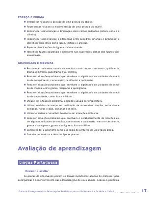 ESPAÇO E FORMA
    „„ Interpretar no plano a posição de uma pessoa ou objeto.
    „„ Representar no plano a movimentação de uma pessoa ou objeto.
    „„ Reconhecer semelhanças e diferenças entre corpos redondos (esfera, cone e o
       cilindro).
    „„ Reconhecer semelhanças e diferenças entre poliedros (prismas e pirâmides) e
       identiﬁcar elementos como faces, vértices e arestas.
    „„ Explorar planiﬁcações de ﬁguras tridimensionais.
    „„ Identiﬁcar ﬁguras poligonais e circulares nas superfícies planas das ﬁguras tridi-
       mensionais.

GRANDEZAS E MEDIDAS
    „„ Reconhecer unidades usuais de medida, como metro, centímetro, quilômetro,
       grama, miligrama, quilograma, litro, mililitro.
    „„ Resolver situações-problema que envolvam o significado de unidades de medi-
       da de comprimento, como metro, centímetro e quilômetro.
    „„ Resolver situações-problema que envolvam o significado de unidades de medi-
       da de massa, como grama, miligrama e quilograma.
    „„ Resolver situações-problema que envolvam o significado de unidades de medi-
       da de capacidade, como litro e mililitro.
    „„ Utilizar, em situações-problema, unidades usuais de temperatura.
    „„ Utilizar medidas de tempo em realização de conversões simples, entre dias e
       semanas, horas e dias, semanas e meses.
    „„ Utilizar o sistema monetário brasileiro em situações-problema.
    „„ Resolver situações-problema que envolvam o estabelecimento de relações en-
       tre algumas unidades de medida, como metro e quilômetro, metro e centímetro,
       grama e quilograma, grama e miligrama, litro e mililitro.
    „„ Compreender o perímetro como a medida do contorno de uma figura plana.
    „„ Calcular perímetro e a área de figuras planas.




Avaliação de aprendizagem
 Língua Portuguesa
      Ensinar e avaliar
    As pautas de observação podem se tornar importantes aliadas do professor para
acompanhar o desenvolvimento das aprendizagens de seus alunos. A ideia é, periodica-



Guia de Planejamento e Orientações Didáticas para o Professor da 3a série – Ciclo I         17
 