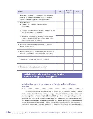 Mais ou
      Critérios                                                     Sim                       Não
                                                                               menos
      1.	 A carta do leitor está cumprindo o seu principal
          
          objetivo: apresentar a opinião do leitor sobre a
          revista ou sobre matérias nela veiculadas?
      2.	 A carta possui:
          
          a.  eferência à matéria que está sendo
             R
             comentada?

         b.  osicionamento/opinião do leitor em relação ao
            P
            fato ou à matéria comentada?

         c.  ados de identificação do leitor como: cidade
            D
            e a sigla do estado em que foi escrita e nome
            completo de quem escreveu?

      3.	 As informações da carta aparecem de maneira
          
          direta, sem rodeios?


      4.	 A crítica ou a opinião apresentada aos autores da
          
          matéria é respeitosa e contribui com a revista?


      5.	 O texto está escrito em primeira pessoa?
          



      6.	 O texto está ortograficamente correto?
          



                  Atividades de análise e reflexão
                  sobre a língua – Ortografia


            Atividades que favorecem a reflexão sobre a língua
            escrita

                  Neste ano do ciclo é importante que os alunos que já compreenderam a caracte-
            rística básica do sistema de escrita, ou seja, escrevem alfabeticamente, reconheçam
            que a ortografia é uma convenção (Morais, 1998) que deve ser respeitada, pois unifica
            a escrita das palavras. É necessário, portanto, que eles reconheçam a ortografia como
            um recurso que facilita a atribuição de sentido aos textos, ampliando a capacidade es-
            critora. Conforme Morais (1998, p. 19), a “ortografia funciona como um recurso capaz de
            ’cristalizar’, na escrita, diferentes maneiras de falar dos usuários de uma mesma língua”.




186               	Guia de Planejamento e Orientações Didáticas para o Professor da 3a série – Ciclo I
 