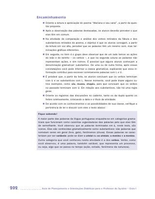 Encaminhamento
         „„ Oriente a leitura e apreciação do poema “Mariana e seu varal”, a partir da ques-
            tão proposta.
         „„ Após a observação das palavras destacadas, os alunos deverão perceber o que
            elas têm em comum.
         „„ Na atividade de comparação e análise dos verbos retirados da fábula e dos
            substantivos retirados do poema, o objetivo é que os alunos consigam, a partir
            da leitura em voz alta, perceber que as palavras têm um mesmo som, mas ter-
            minações gráficas diferentes.
         „„ Em seguida, no item d o grupo deve observar que de um lado temos as ações
            do leão e do ratinho – os verbos –, e que na segunda coluna as palavras não
            representam ações, e sim nomes. É possível que alguns alunos conheçam a
            denominação gramatical: substantivo. De uma ou de outra forma, após essas
            constatações você pode informar a classe gramatical, explicando que essa in-
            formação contribui para escrever corretamente palavras com L e U.
         „„ É provável que, a partir da lista, os alunos concluam que os verbos terminam
            com U e os substantivos com L. Nesse momento, você pode trazer alguns ou-
            tros exemplos, como céu, museu, chapéu, para que concluam que os verbos
            no passado terminam com U. Em relação aos substantivos, não há uma regra
            geral.
         „„ Oriente os registros das discussões no caderno, tanto os da dupla quanto os
            feitos coletivamente, colocando a data e o título da atividade.
         „„ De acordo com os conhecimentos e as possibilidades de sua classe, verifique a
            pertinência de ler e discutir com eles o texto abaixo:

      Fique sabendo!
      A maior parte das palavras da língua portuguesa enquadra-se em categorias grama-
      ticais que funcionam como caixinhas organizadoras das palavras pelo que elas têm
      de semelhante. Você observou que as palavras terminadas em L, neste texto, são
      nomes. Elas são conhecidas gramaticalmente como substantivos: são palavras que
      nomeiam seres em geral (livro, gato), fenômenos (chuva). Essas palavras se carac-
      terizam por ser variáveis: pode-se dizer o cristal ou os cristais; o menino e a menina.
      Outra categoria que você conheceu nesta atividade é a dos verbos. Verbo, como
      você observou, é uma palavra, também variável, que representa um processo,
      ou seja, algo que se passa no tempo (ação, estado, fenômeno da natureza).




202     	Guia de Planejamento e Orientações Didáticas para o Professor da 3a série – Ciclo I
 