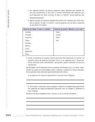 c.	 a segunda estrofe do poema aparecem duas palavras que indicam fa-
                              N
Atividade do aluno
                              tos que aconteceram e que têm a mesma terminação das palavras que
                              você organizou em lista, no texto “O leão e o ratinho”. Essas palavras são
                                                .

                           d.  gora compare as palavras grifadas do poema com aquelas que você estu-
                              A
                              dou na fábula “O leão e o ratinho”. Leia as palavras em voz alta e responda
                              as questões em duplas.

                     Palavras da fábula “O leão e o ratinho”    Palavras do poema “Mariana e seu varal”
                       Acordou                                     Varal
                       Prendeu                                     Lençol
                       Implorou                                    Vitral
                       Pediu                                       Sal
                       Desistiu
                       Deixou
                       Ficou
                       Apareceu
                       Roeu

                        2.  endo as palavras do quadro, nota-se que elas têm diferenças na escrita: na
                           L
                           primeira coluna as palavras terminam com U e na segunda com L. Essas pa-
                           lavras possuem sons semelhantes, que podem causar confusão na hora de
                           escrevê-las.
                        Na Atividade 3 você descobriu que as palavras terminadas em U, no texto, repre-
                        sentam as ações dos personagens (leão e ratinho) e indicam um tempo passado.
                        Essas palavras são chamadas gramaticalmente de verbos.

                           a.	As palavras da coluna 2 representam a mesma coisa? Explique:




                           b.	Você sabe o nome que essas palavras recebem na categorização gramatical
                           das palavras da língua portuguesa? Converse com os colegas e professor a
                           esse respeito.
                        Escreva uma dica ortográfica para o uso do L e do U nessas situações.




204                    	Guia de Planejamento e Orientações Didáticas para o Professor da 3a série – Ciclo I
 