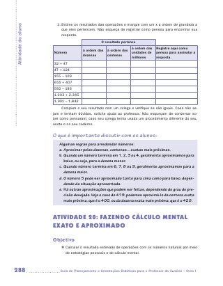 2.	Estime os resultados das operações e marque com um x a ordem de grandeza a
Atividade do aluno
                          que eles pertencem. Não esqueça de registrar como pensou para encontrar sua
                          resposta.
                                                 O resultado pertence
                                                                    à ordem das    Registre aqui como
                                      à ordem das    à ordem das
                     Número                                         unidades de    pensou para assinalar a
                                      dezenas        centenas
                                                                    milhares       resposta.
                     32 + 47
                     47 + 124
                     155 – 109
                     655 + 407
                     592 – 193
                     1.003 + 2.345
                     1.901 – 1.842
                          Compare o seu resultado com um colega e verifique se são iguais. Caso não se-
                     jam e tenham dúvidas, solicite ajuda ao professor. Não esqueçam de conversar so-
                     bre como pensaram; caso seu colega tenha usado um procedimento diferente do seu,
                     anote-o no seu caderno.


                     O que é importante discutir com os alunos:
                        Algumas regras para arredondar números:
                        a.	Aproximar pelas dezenas, centenas... exatas mais próximas.
                        b.	 Quando um número termina em 1, 2, 3 ou 4, geralmente aproximamos para
                            baixo, ou seja, para a dezena menor.
                        c.	Quando número termina em 6, 7, 8 ou 9, geralmente aproximamos para a
                            dezena maior.
                        d.	O número 5 pode ser aproximado tanto para cima como para baixo, depen-
                            dendo da situação apresentada.
                        e.	 Há outras aproximações que podem ser feitas, dependendo do grau de pre-
                            cisão desejado. Veja o caso do 419, podemos aproximá-lo da centena exata
                            mais próxima, que é o 400, ou da dezena exata mais próxima, que é o 420.



                     ATIVIDADE 20: FAZENDO CÁLCULO MENTAL
                     EXATO E APROXIMADO

                     Objetivo
                         „„ Calcular o resultado estimado de operações com os números naturais por meio
                            de estratégias pessoais e do cálculo mental.



288                     	Guia de Planejamento e Orientações Didáticas para o Professor da 3a série – Ciclo I
 
