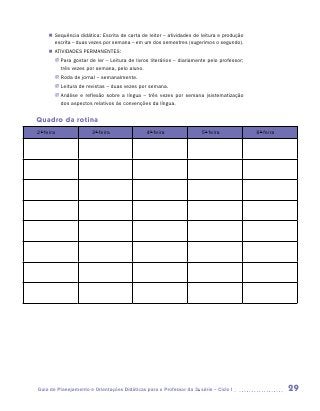 „„ Sequência didática: Escrita de carta de leitor – atividades de leitura e produção
        escrita – duas vezes por semana – em um dos semestres (sugerimos o segundo).
     „„ ATIVIDADES PERMANENTES:
       JJ Para gostar de ler – Leitura de livros literários – diariamente pelo professor;
          três vezes por semana, pelo aluno.
       JJ Roda de jornal – semanalmente.
       JJ Leitura de revistas – duas vezes por semana.
       JJ Análise e reflexão sobre a língua – três vezes por semana (sistematização
          dos aspectos relativos às convenções da língua.


Quadro da rotina
2a-feira               3a-feira                4a-feira               5a-feira              6a-feira




Guia de Planejamento e Orientações Didáticas para o Professor da 3a série – Ciclo I                    29
 