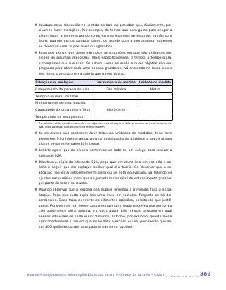 „„ Conduza essa discussão no sentido de fazê-los perceber que, diariamente, pre-
       cisamos fazer medições. Por exemplo, do tempo que será gasto para chegar a
       algum lugar; a temperatura do corpo para verificarmos se estamos ou não com
       febre; quando vamos comprar carne; de acordo com a temperatura, sabemos
       se devemos usar roupas leves ou agasalhos.
    „„ Peça aos alunos que deem exemplos de situações em que são utilizadas me-
       dições de algumas grandezas. Mais especificamente, o tempo, a temperatura,
       o comprimento e a massa. Se sabem como se mede e quais objetos são em-
       pregados para aferir cada uma dessas grandezas. Vá anotando na lousa esses
       três itens, como ocorre na tabela que segue abaixo:

     Situações de medição*                    Instrumento de medida Unidade de medida
     Comprimento da parede da sala                  Fita métrica                  Metro
     Tempo que dura um filme
     Massa (peso) de uma mochila
     Capacidade de uma caixa-d’água                  hidrômetro
     Temperatura de uma pessoa
    *	 Na tabela estão citados exemplos de algumas das situações. Não precisam ser exatamente es-
       sas, mas aquelas que as crianças mencionarem.

    „„ Se os alunos não souberem dizer todas as unidades de medidas, deixe sem
       preencher. Não informe ainda, pois na socialização da atividade a seguir alguns
       alunos certamente saberão informar.
    „„ Solicite agora que os alunos sentem-se ao lado de um colega para realizar a
       Atividade 52A.
    „„ Distribua a cópia da Atividade 52A, peça que um aluno leia em voz alta e so-
       licite a seguir que ele explique melhor qual é a tarefa. Se observar que a ex-
       plicação não está suficientemente clara ou se está equivocada, vá fazendo os
       ajustes necessários, para que se garanta maior nível de entendimento possível
       por parte de todos os alunos.
    „„ Quando observar que a maioria das duplas terminou a atividade, faça a socia-
       lização. Peça que cada dupla leia uma frase em voz alta. Pergunte se há dis-
       cordâncias. Caso haja, confronte as diferentes opiniões, solicitando que justifi-
       quem. Por exemplo: se houver casos em que uma dupla escreveu que percorreu
       100 quilômetros até a padaria, e a outra dupla, 100 metros, pergunte em qual
       dessas situações se anda maior distância. Informe, por exemplo, quanto mede
       aproximadamente a rua em que se localiza a escola. Assim, perceberão que an-
       dar 100 quilômetros até uma padaria não seria razoável.




Guia de Planejamento e Orientações Didáticas para o Professor da 3a série – Ciclo I                 363
 